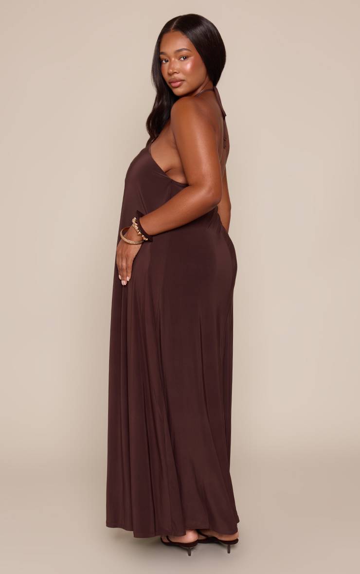 Marron Robe Longue Fluide Grande Taille Col Licou Avec Détail Anneau Métallique