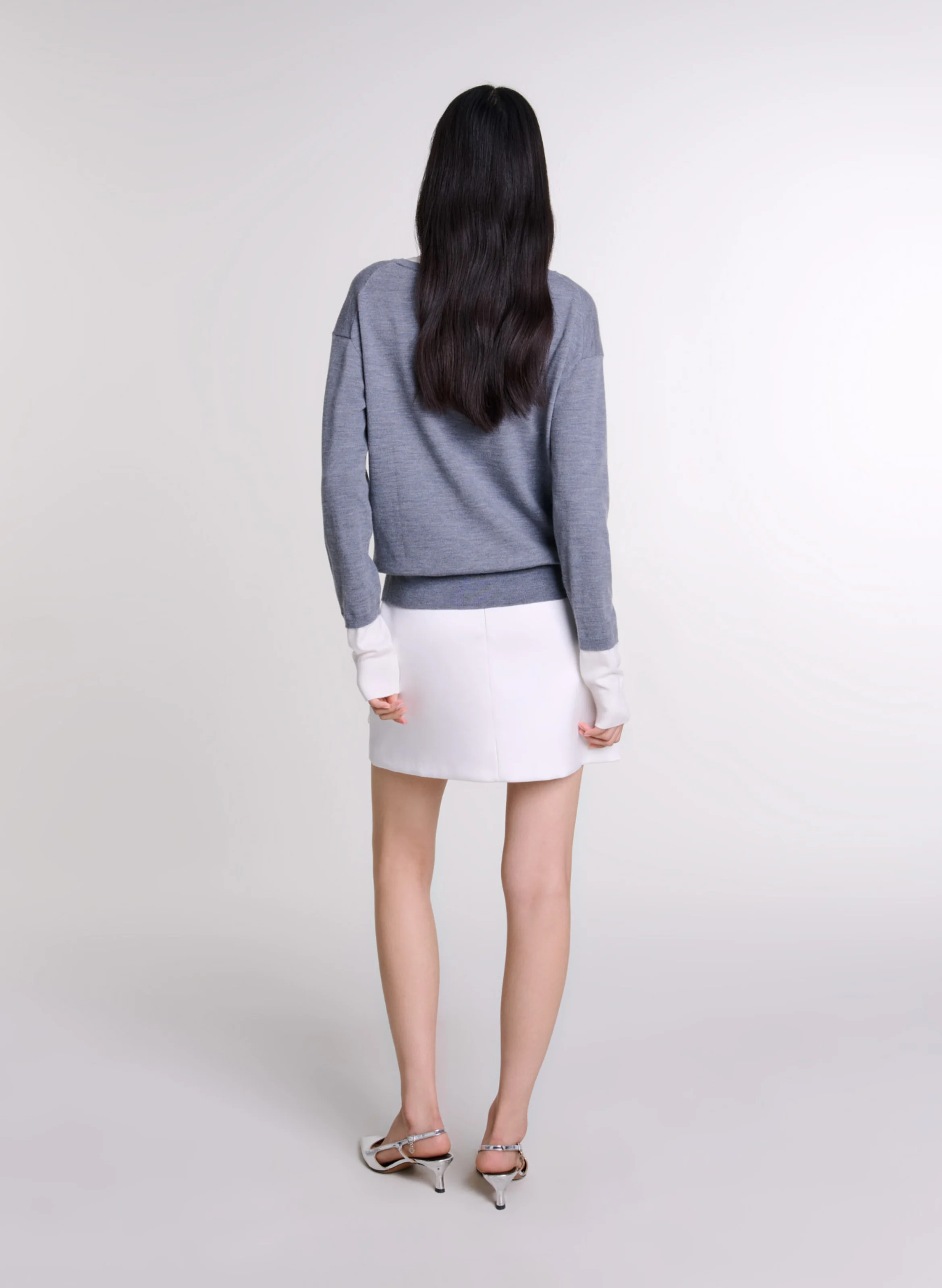 Pull encolure V droit en laine mélangée | Gris