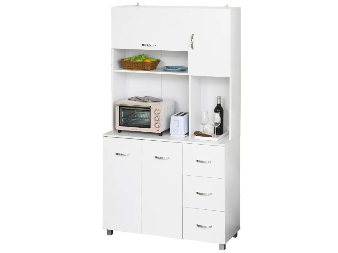 HOMCOM Armoire de cuisine multi-rangements 4 portes 3 tiroirs étagère + grand plateau 100L x 39l x 183H cm MDF blanc