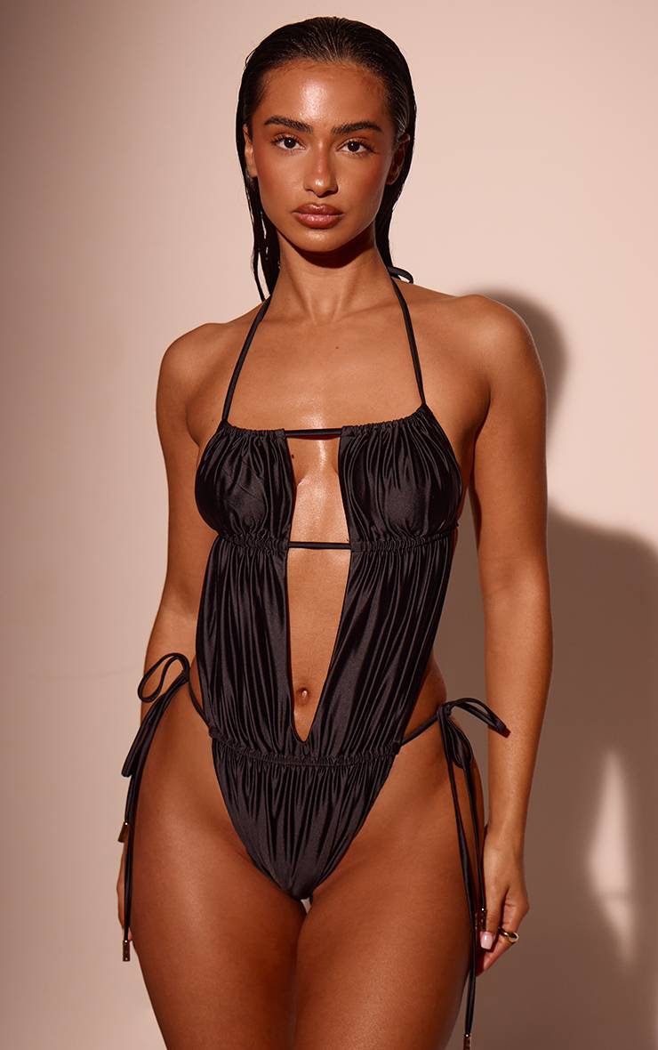 Noir Maillot De Bain À Découpes Et Finition Brillante