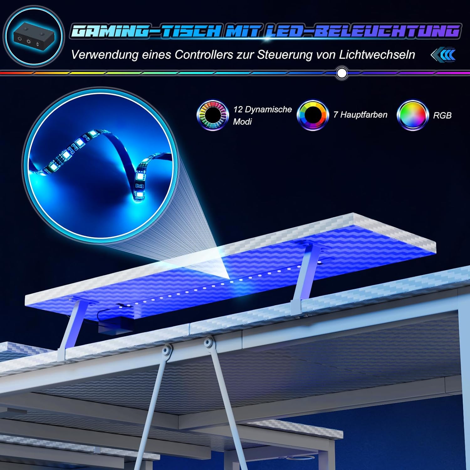 Devoko Gaming-Schreibtisch Ecke 120x80cm mit Doppel-Monitorhalterung, LED-Beleuchtung, höhenverstellbarer Ablage & Carbon-Optik Weiß