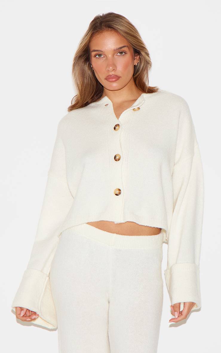 Crème Cardigan En Maille À Manches Retroussées