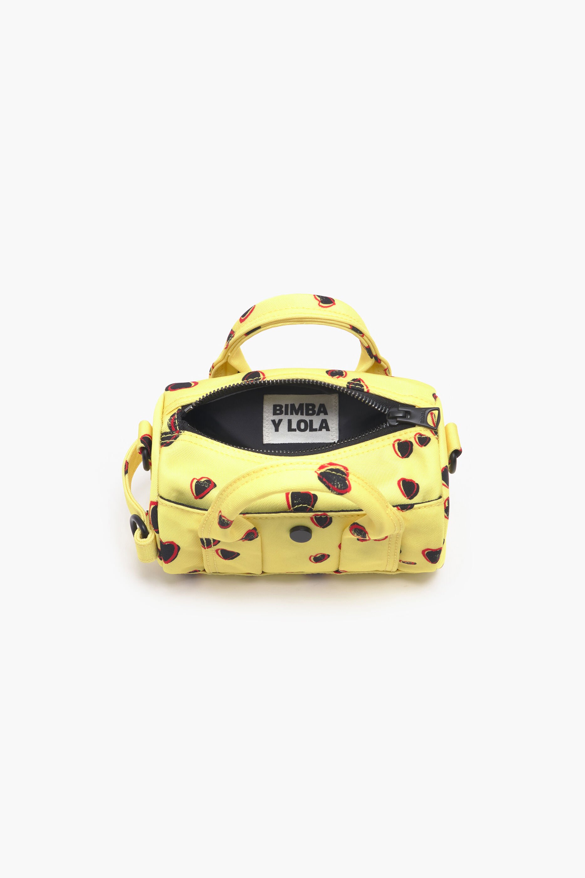Bolsa cilíndrica de nylon tamanho XS com estampa de pequenos corações, amarela.