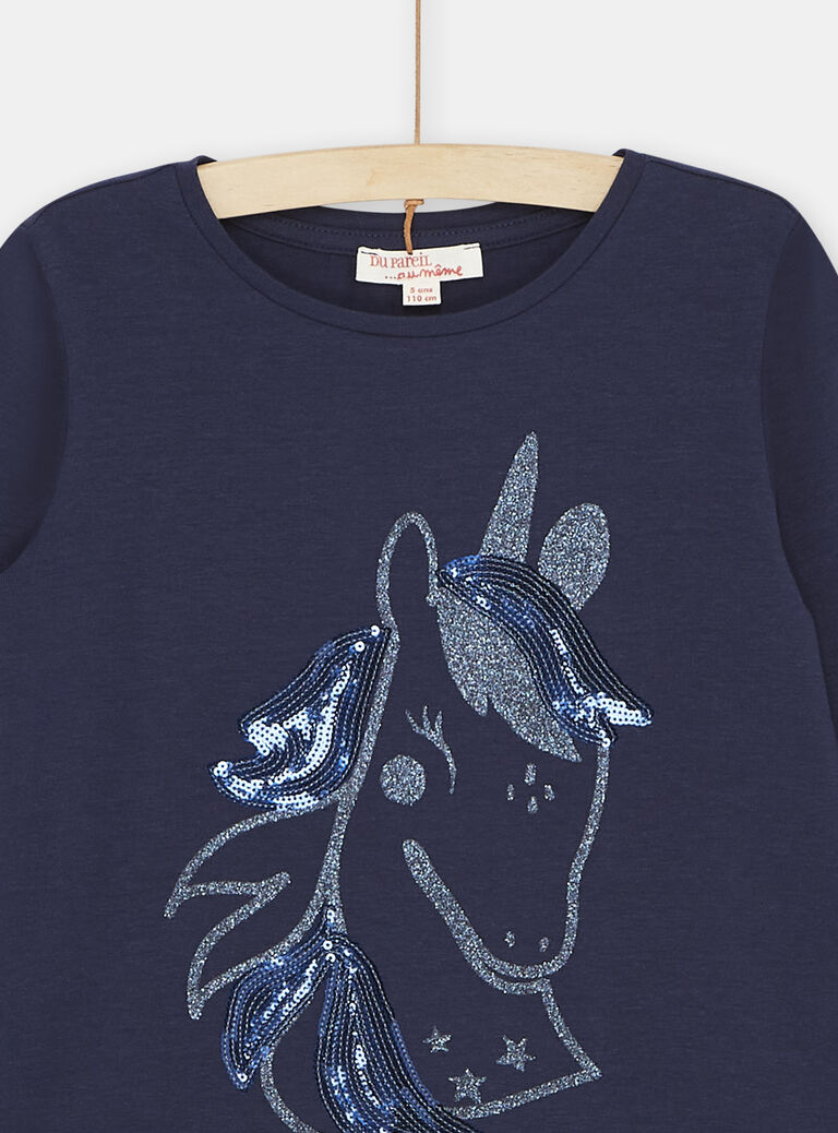 T-shirt bleu marine à motif licorne fille