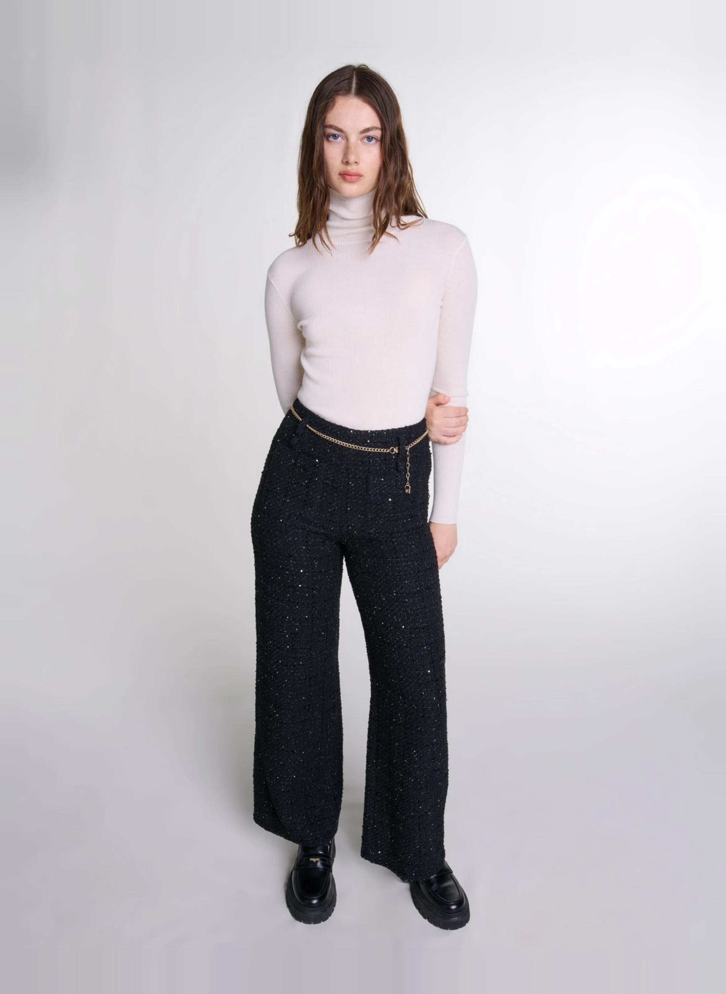 Pantalon droit en tweed brillant | Noir