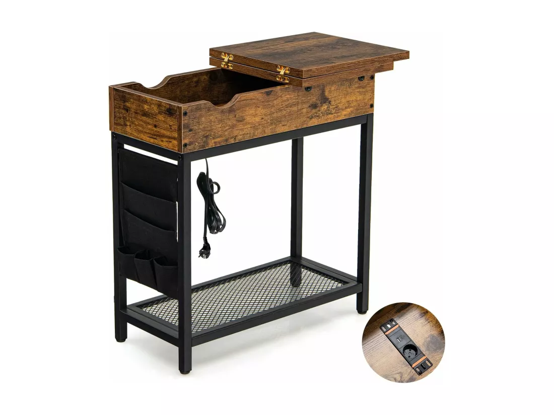 Table d'appoint avec Prise d’alimentation, 60 x 30 x 58,5 cm Marron rustique et Noir