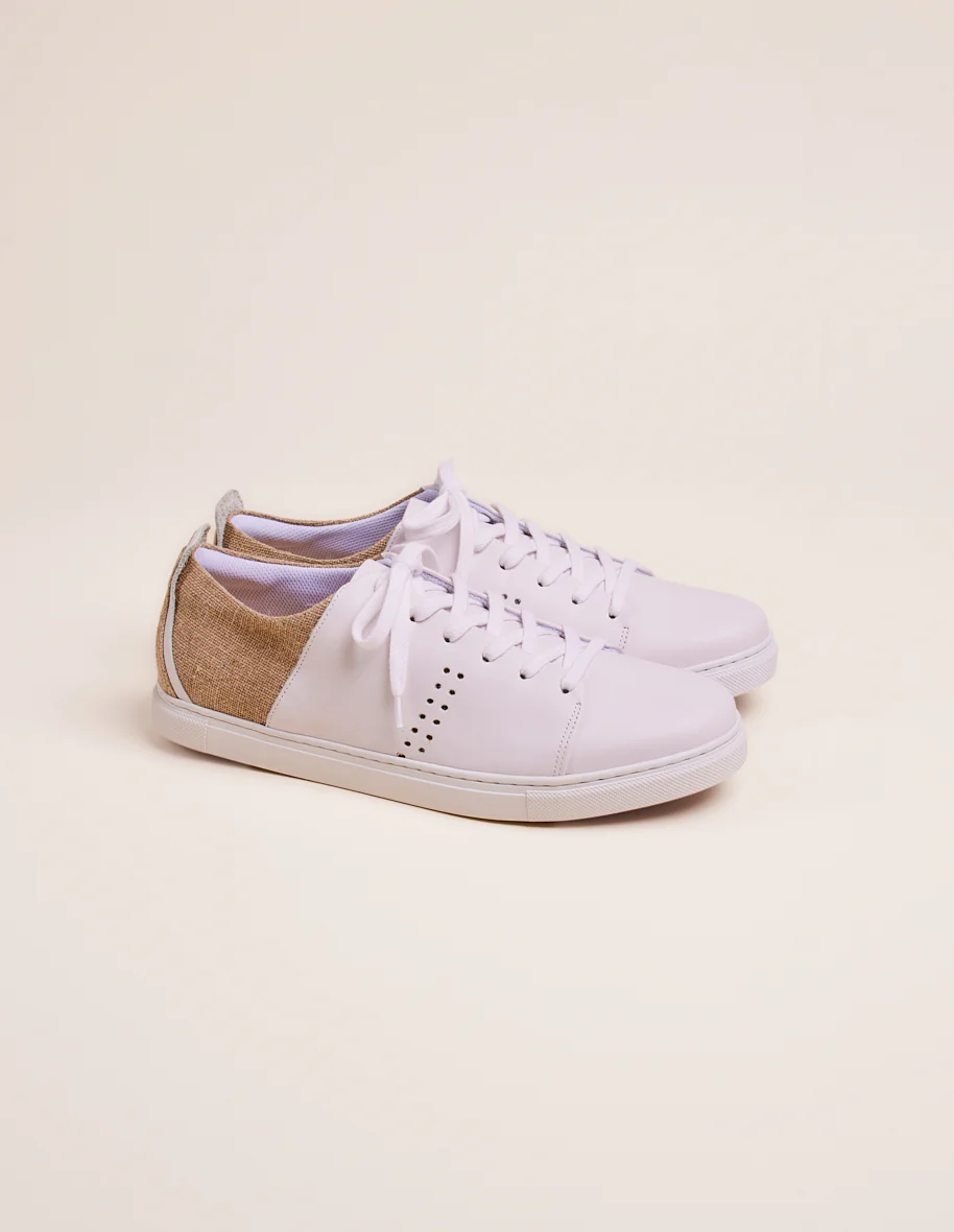 Baskets basses René - Cuir blanc et lin