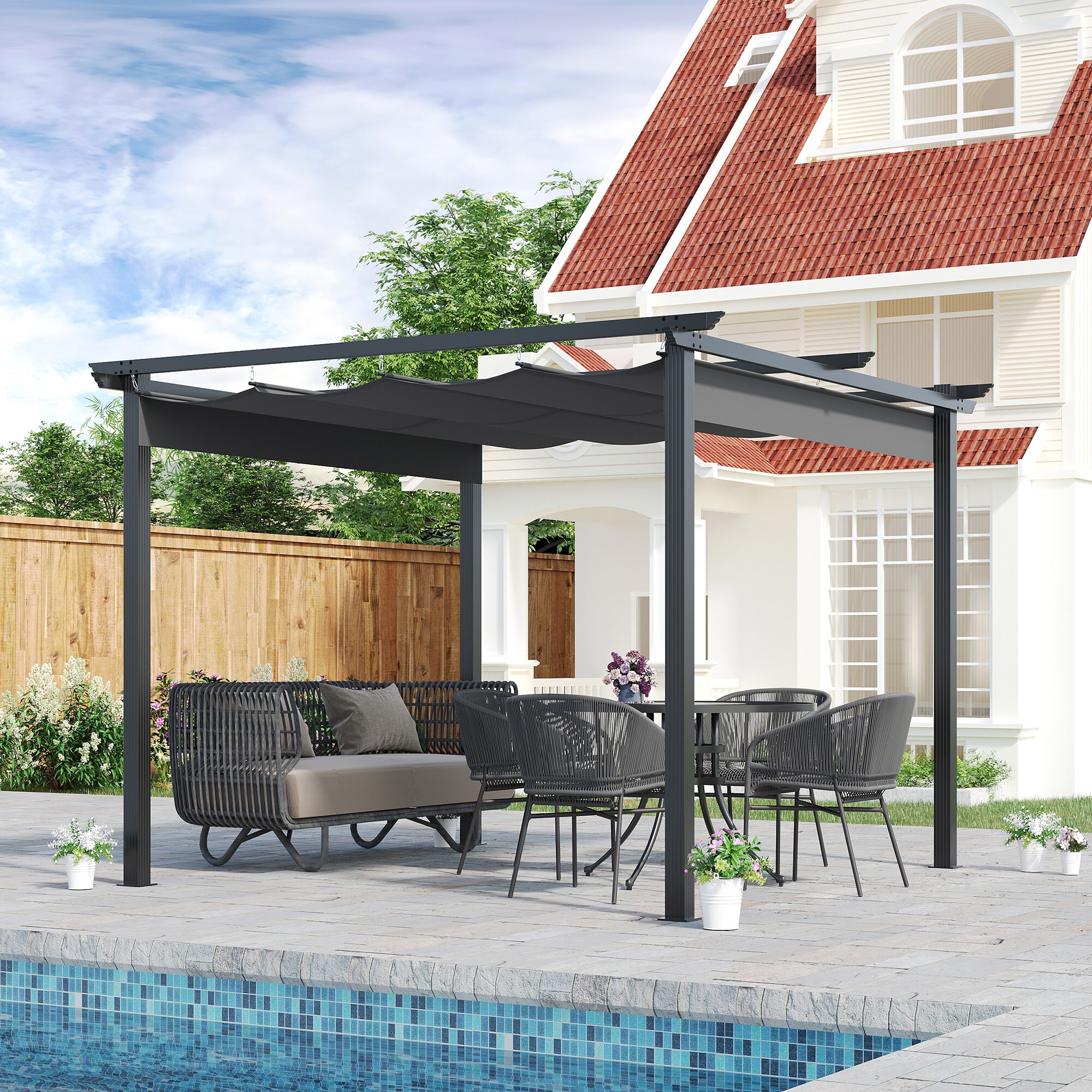 Outsunny Pergola mit verstellbarem Stoffdach grau 295L x 295B x 216H cm