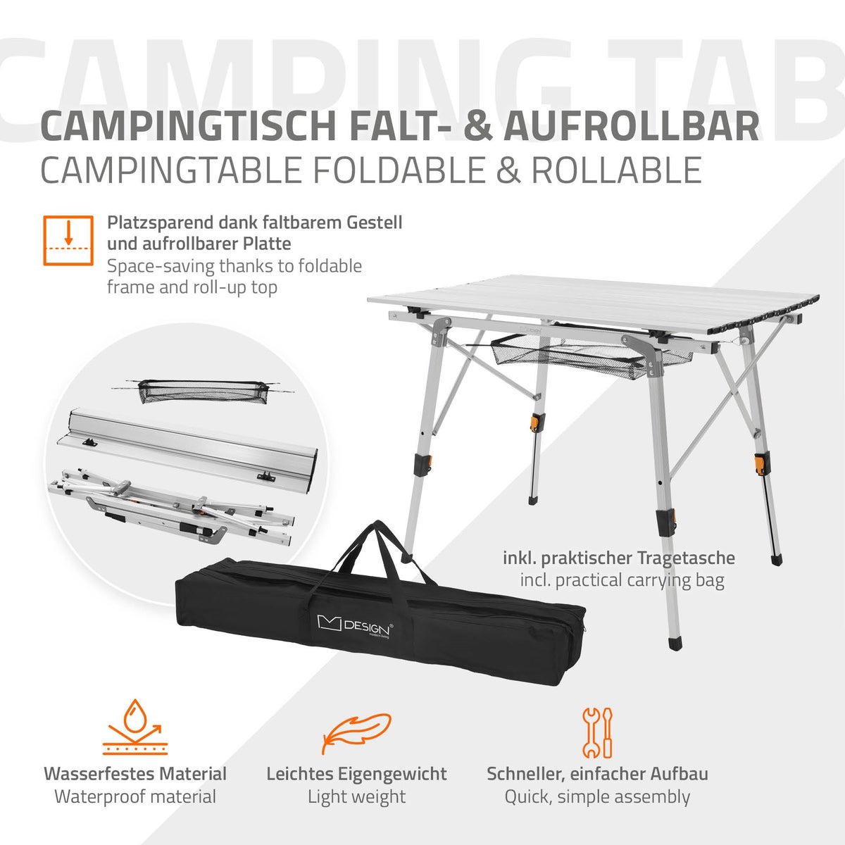 ML-Design Opvouwbare Campingtafel, Zilver, 90x51,5 cm, Aluminium Opvouwbare Tafel, Hoogte Verstelbaar 46-66,5 cm, Draagvermogen 30 kg, Oprolbaar Tafelblad, Opvouwbare Tafel, Tuintafel, Balkontafel, Reistafel