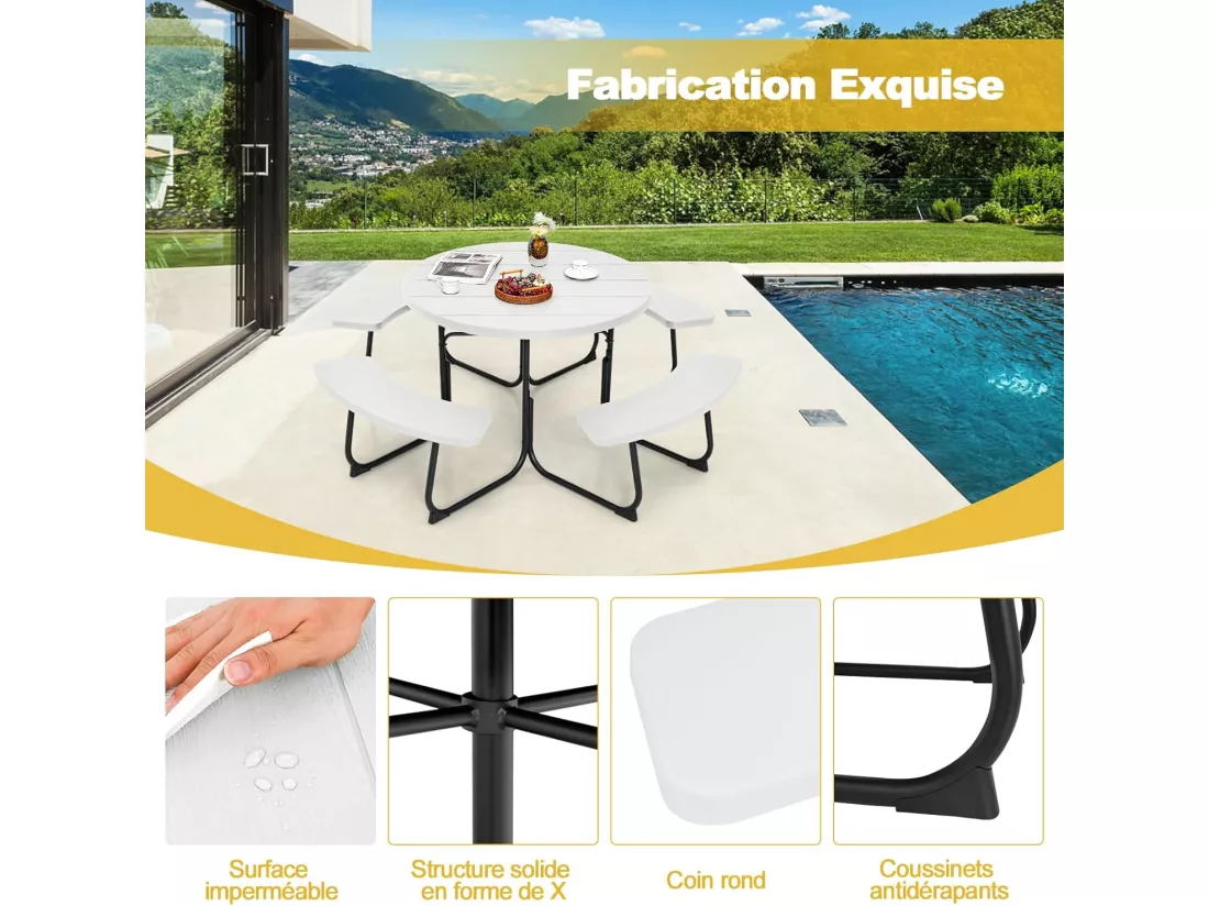 Ensemble Table de Pique-Nique avec 4 Bancs Intégrés, Ensemble de Jardin Table de Pique-Nique Circulaire 135KG Trou pour Parasol, pour Jardin Piscine, 190 x 76 cm (Blanc)