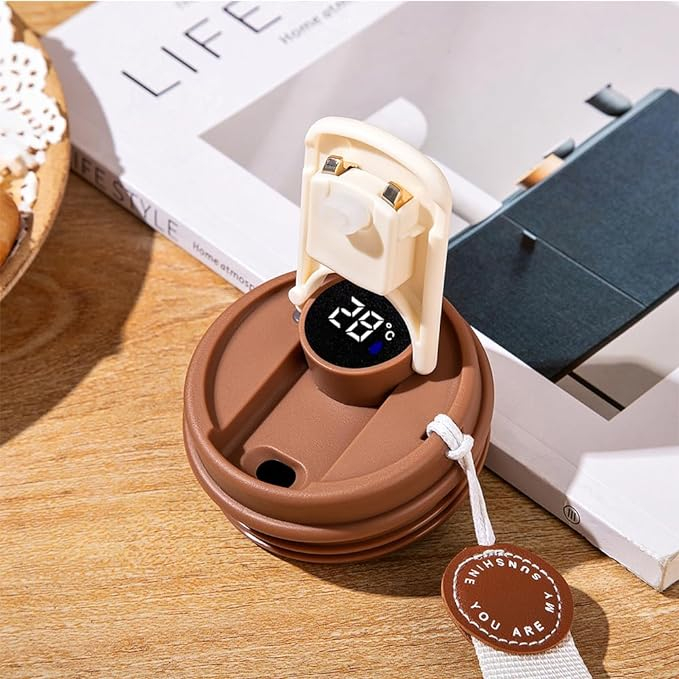 (460ml) Edelstahl Thermo Kaffee Becher Thermoskanne Rutschfester Vakuum Behälter mit Digitaler Temperaturanzeige   Handschlaufe - Silber / Braun