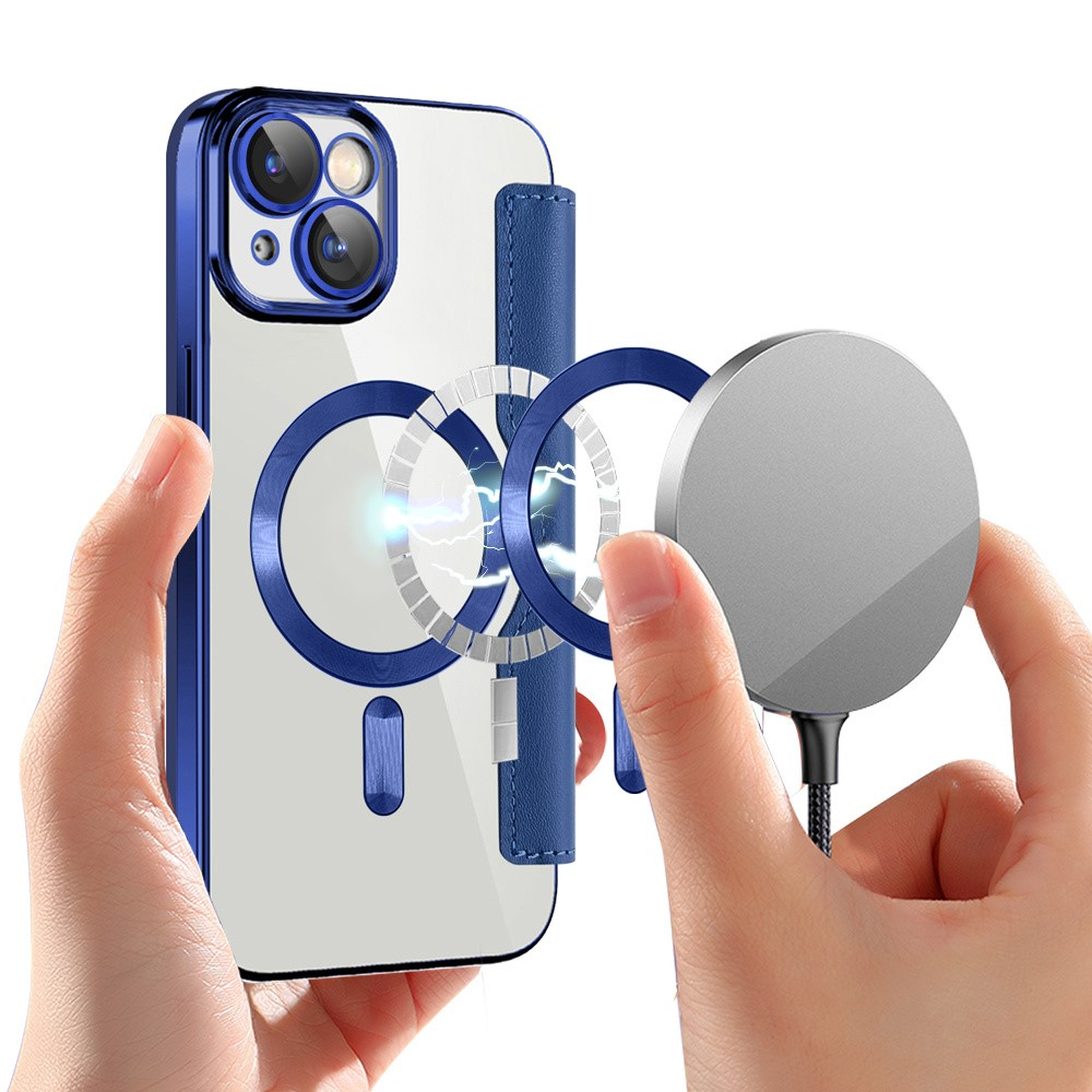 iPhone 15 MagSafe Hybrid Leder Tasche   Kunststoff Rückseite (RFID Schutz) - Blau / Transparent