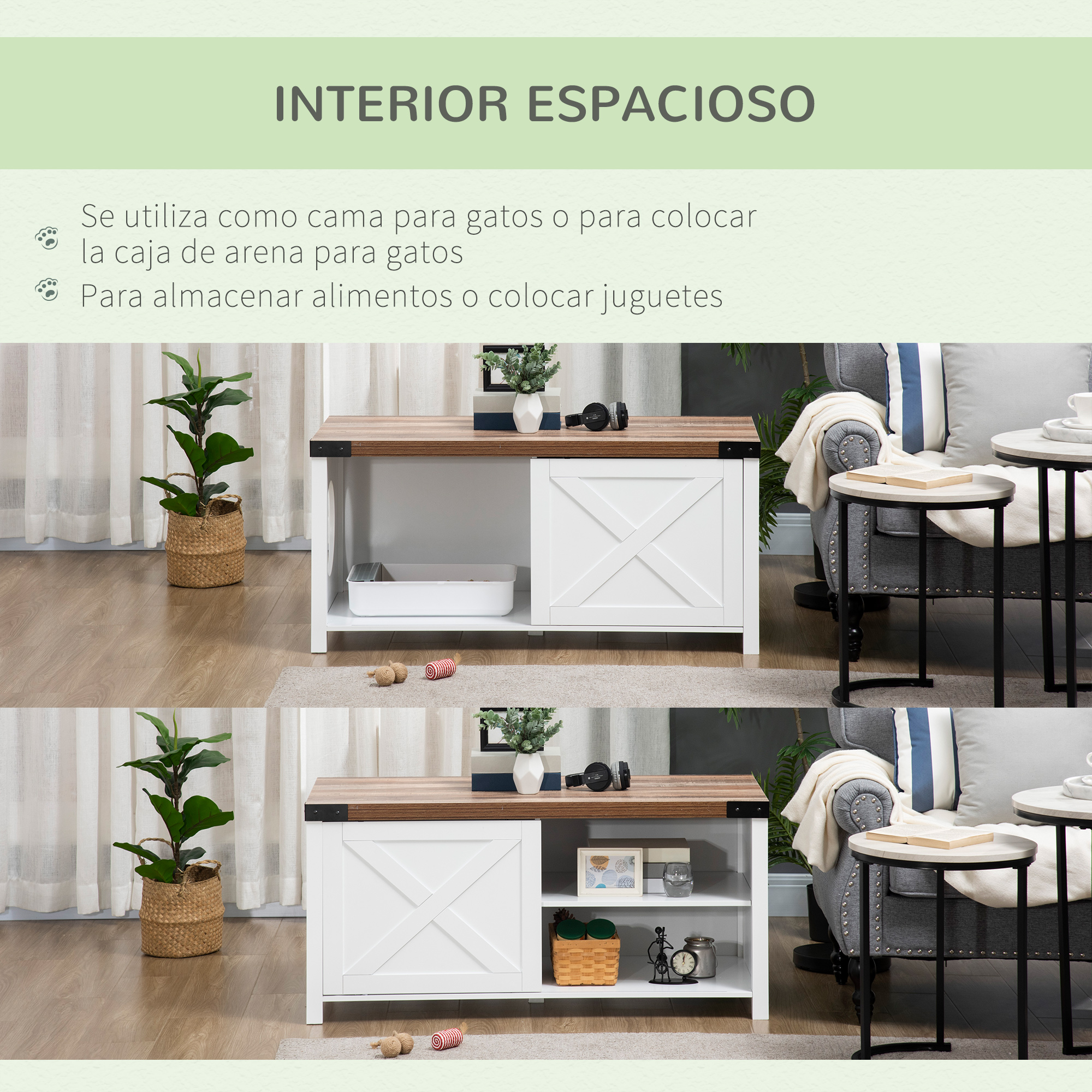 Casinha de madeira 2 em 1 para gatos PawHut com armário de armazenamento, porta deslizante e prateleira interna, 109 x 51 x 52 cm, branca.