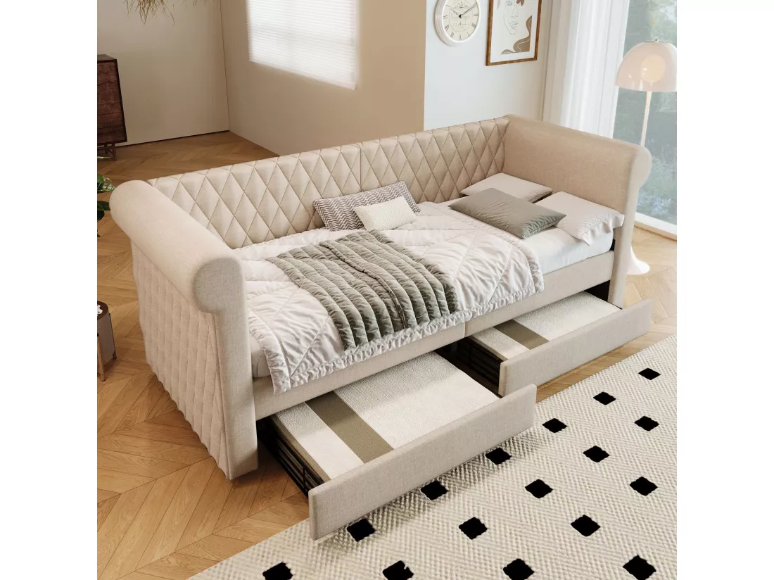 Canapé-lit rembourré avec tête de lit rétro 90x200 cm, avec 2 tiroirs de rangement, beige (sans matelas)