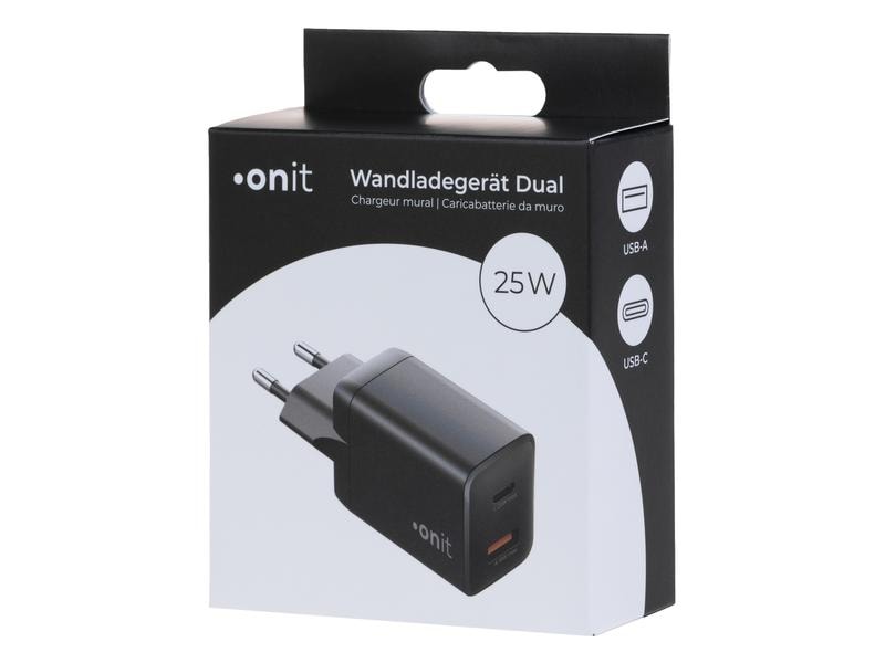 onit USB-Wandladegerät PD25W   QC3.0 Schwarz Ladeadapter mit einem USB-C- und einem USB-A-Port