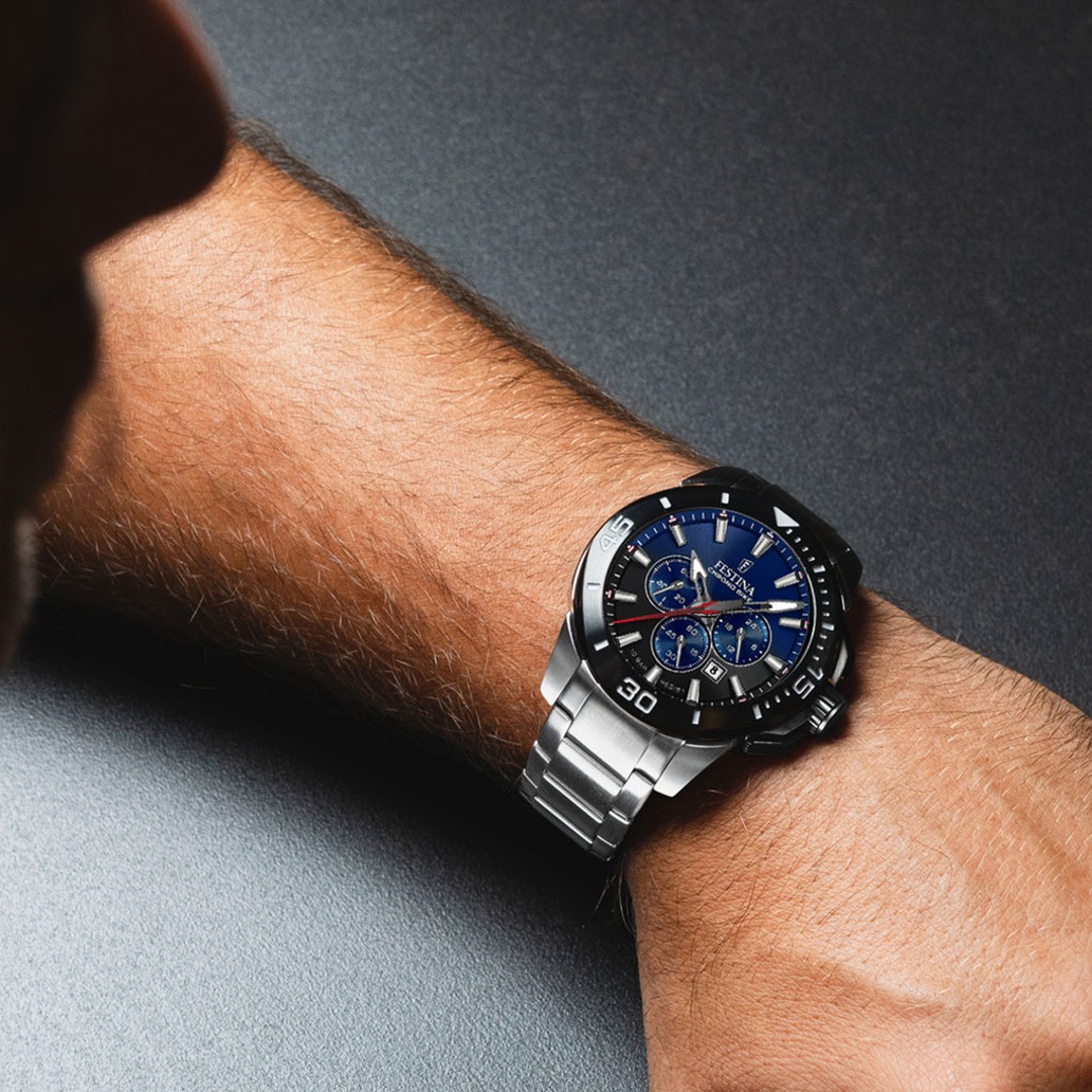 Festina Chrono Bike 47mm Edelstahl Silbrig / Blau & Schwarz