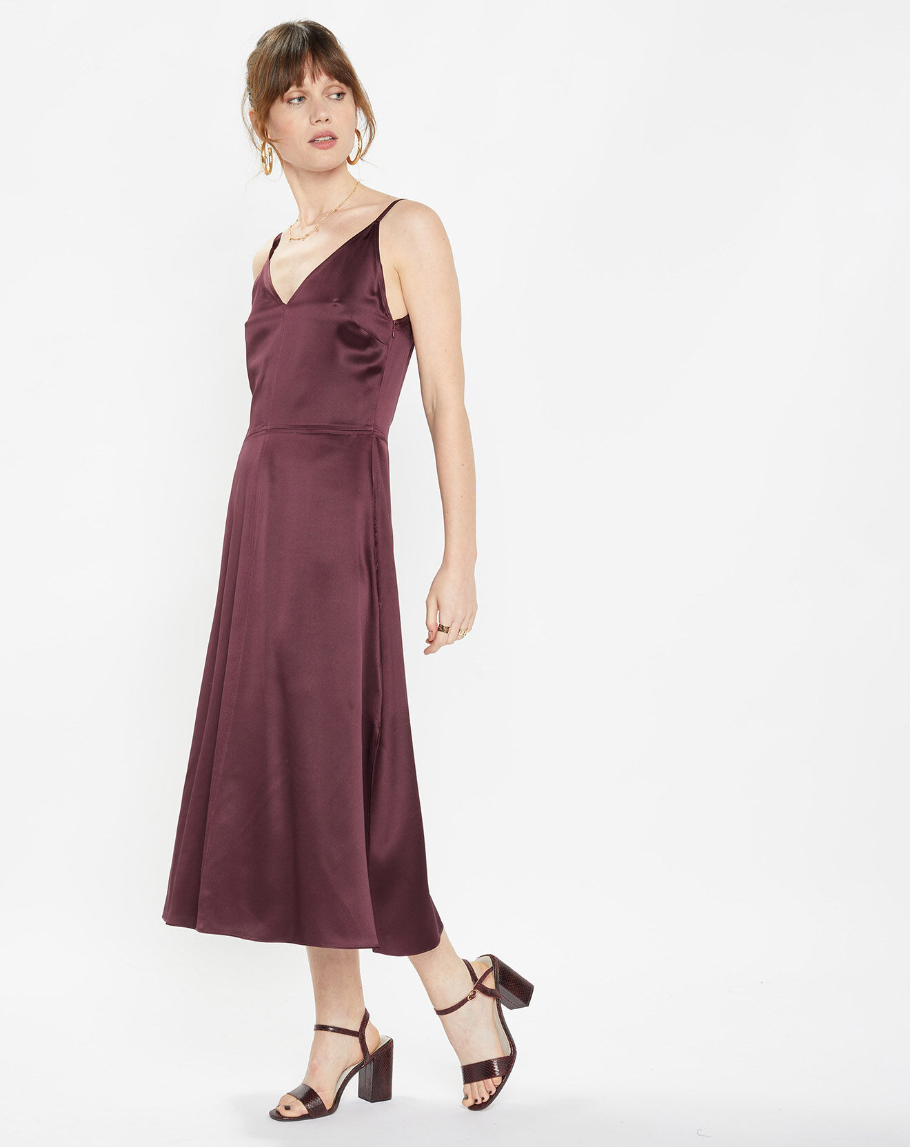 Galeries Lafayette Robe longue 100% Soie Delia lie de vin