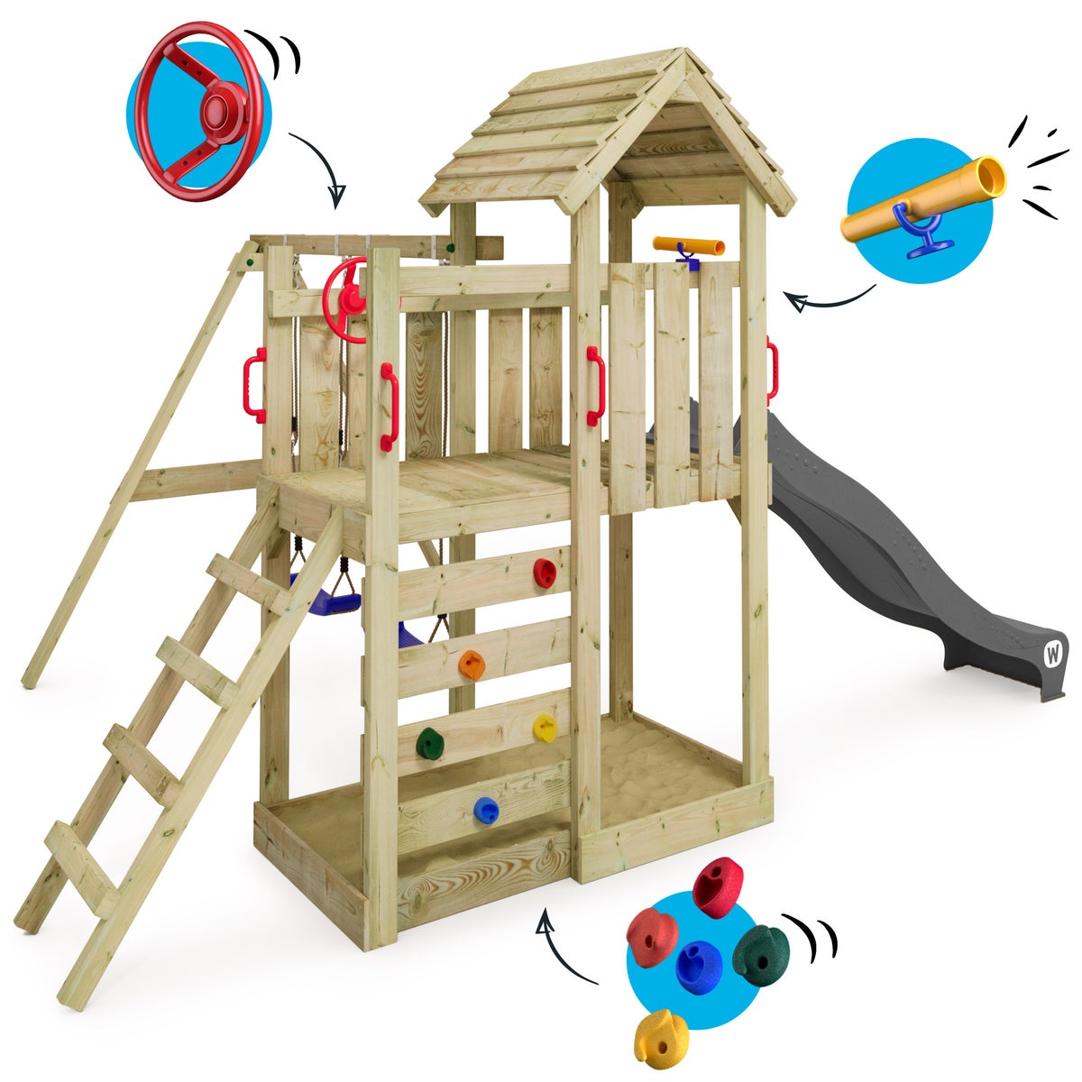 WICKEY MultiFlyer Speeltoren Klimrek met Houten Dak, Schommel en Glijbaan, Klimtoren met Houten Dak, Zandbak, Ladder en Speelaccessoires - Antraciet