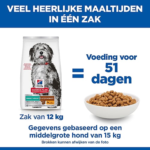 Hill's Science Plan Perfect Weight & Active Mobility Medium Breed Adult Hondenvoer met Kip | 12 kg | 12130.1