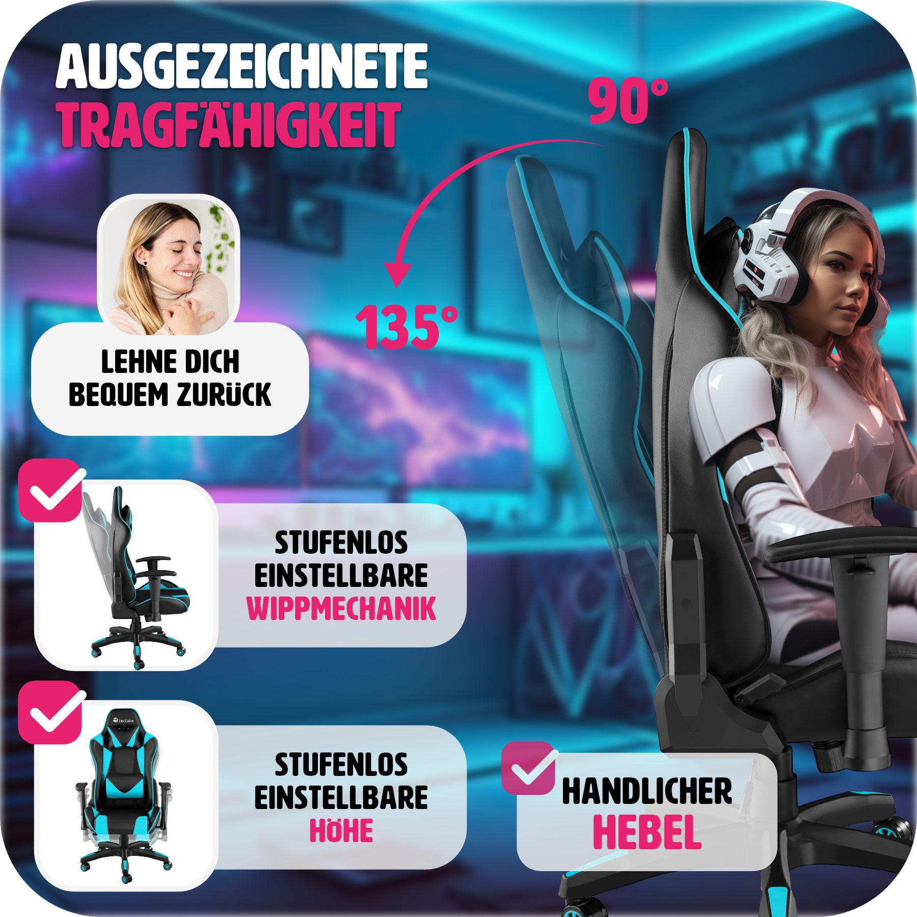 tectake® Racing Gaming Stuhl, ergonomische Form, mit verstellbarer Rückenlehne, Kunstlederbezug, abnehmbares Nacken- und Lendenkissen, Belastbarkeit 120 kg