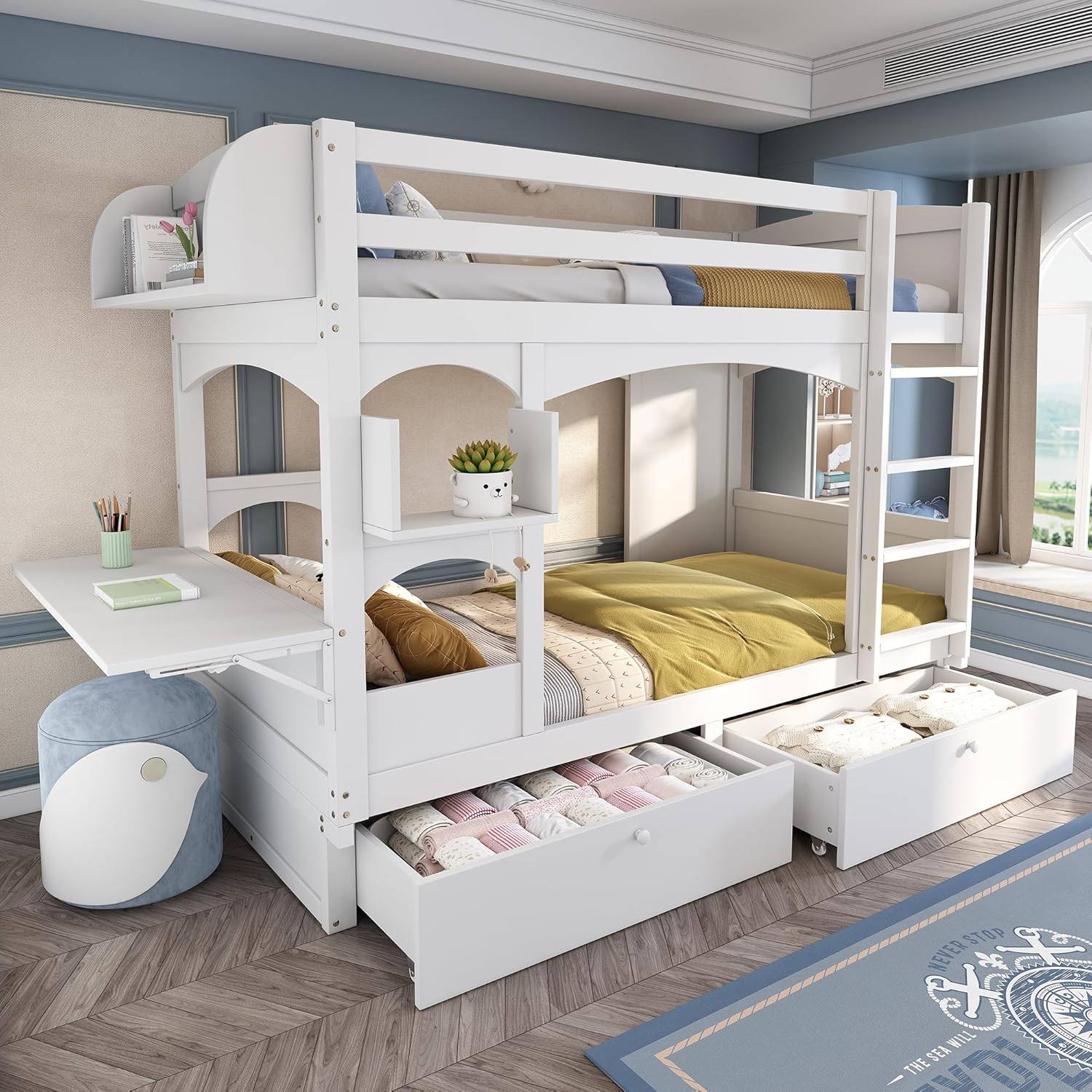 Etagenbett Doppelbett 90x200 cm für 2 Kinder, Kinderbett Hochbett mit Treppe, Stauraum und 2 Schubladen, Holzbett mit Ablagekorb und Rausfallschutz, Bett mit Lattenrost, Ohne Matratze, Weiß