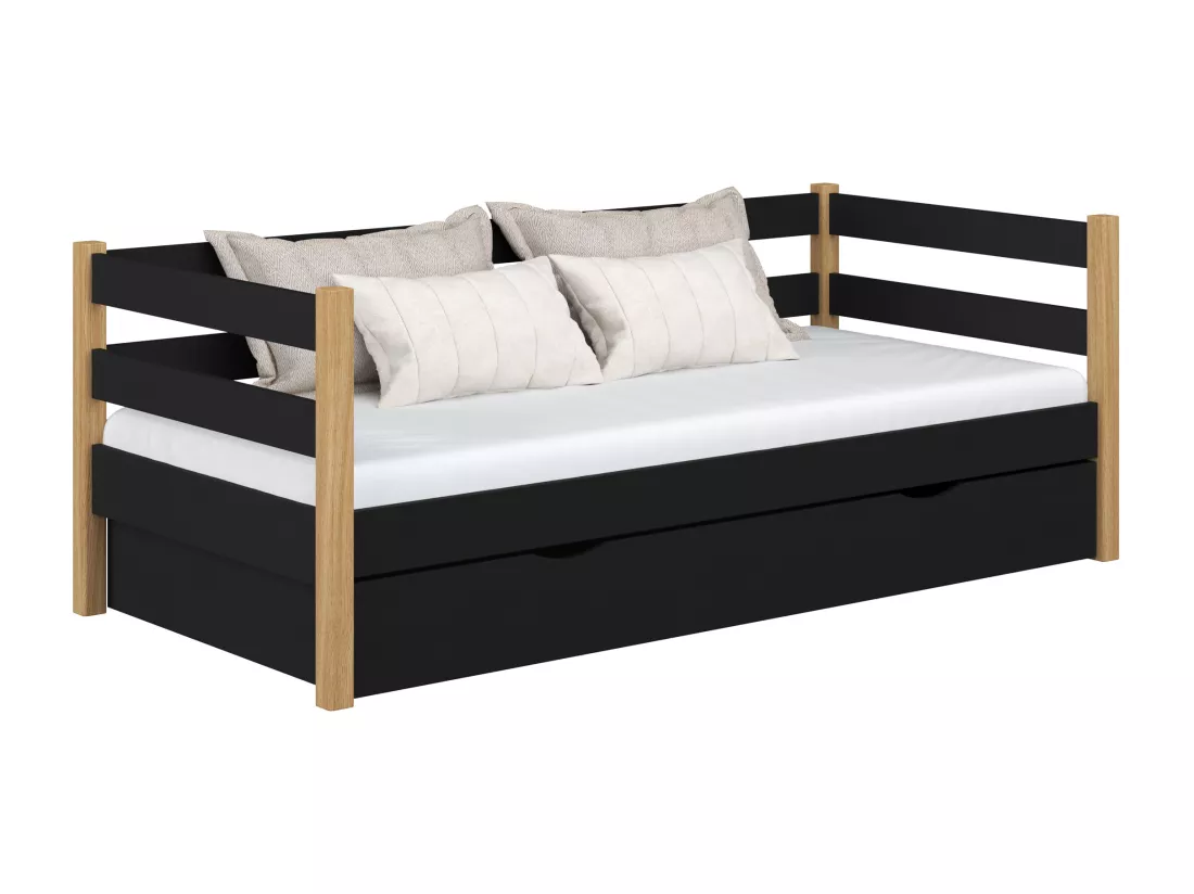 Lit banquette en bois - avec tiroir N01 Noir / Chêne Naturel 80x200