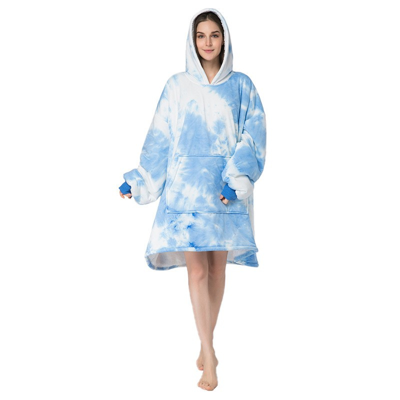 Oversized Pullover Kuschel Decken Sweater Langer Hoodie (One Size) - Hellblau / Weiss