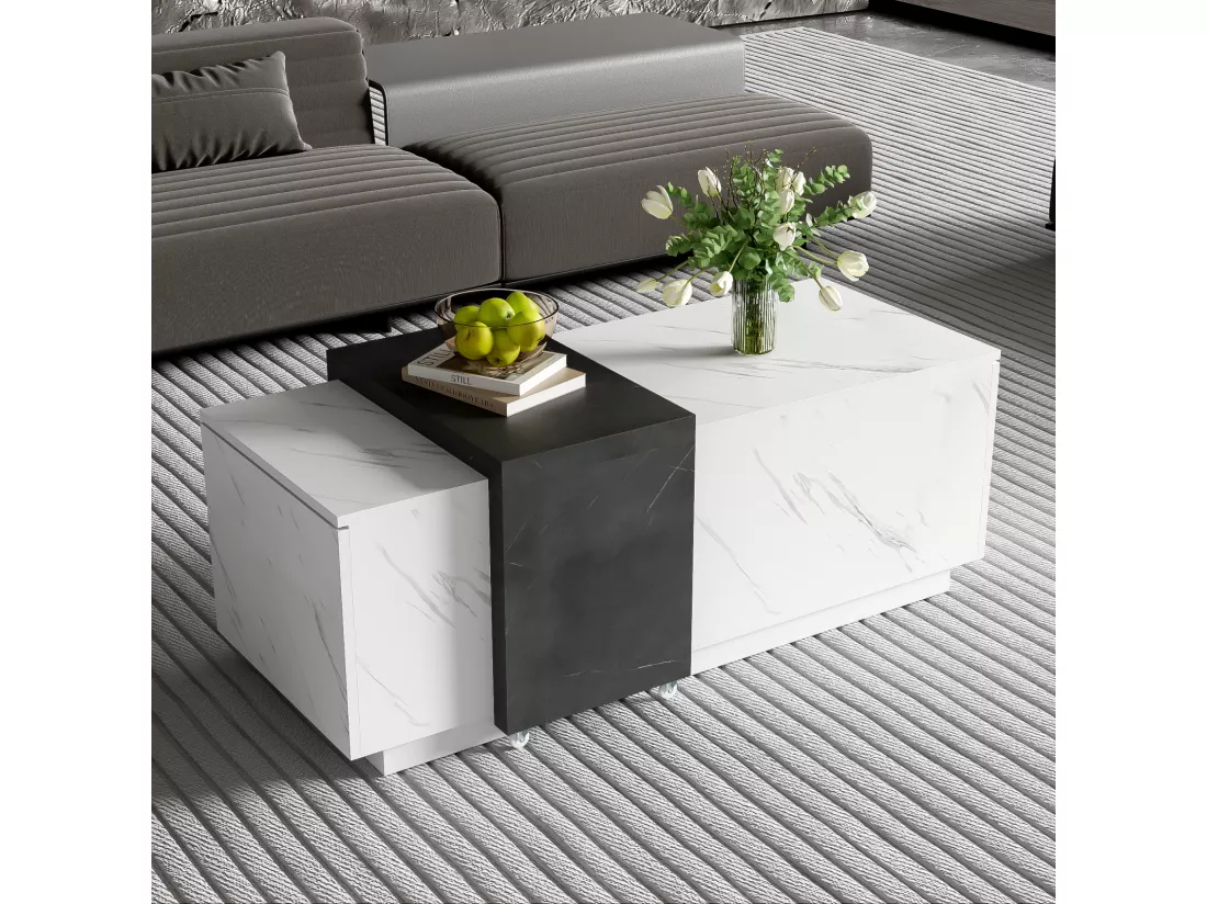 Table basse avec 2 portes et plateau mobile, look en marbre, panneau de particule, pour le salon et le bureau, 110x50x36cm