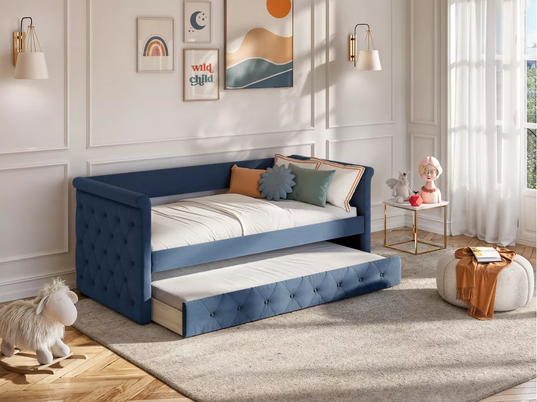 Lit banquette gigogne capitonné LOUISE - 2x90x190cm - tissu bleu