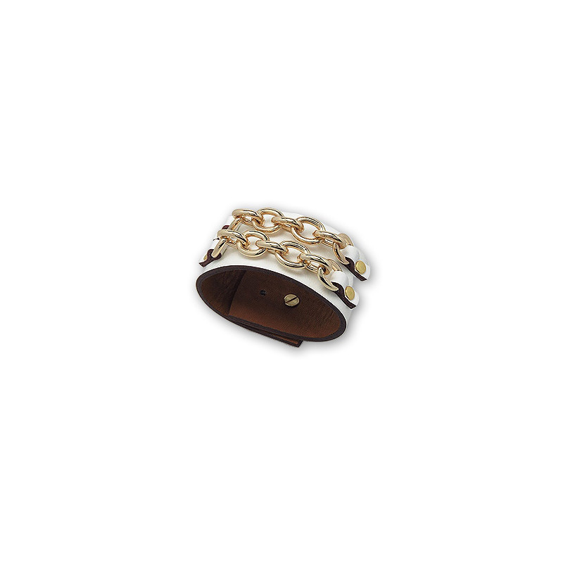 Bracelet Maillons en Cuir Blanc et Acier Or