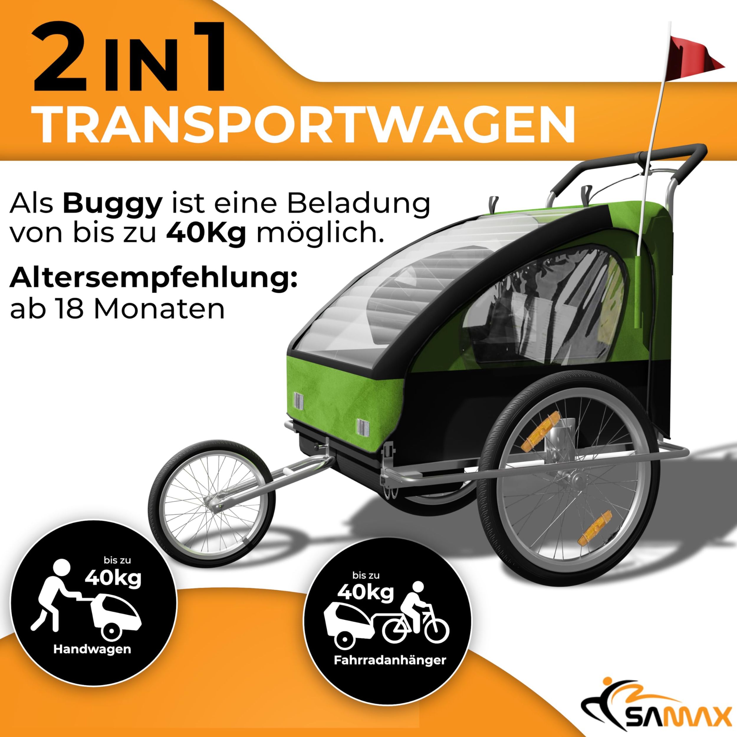 SAMAX Fahrradanhänger 2in1 Jogger - in Grün/Schwarz - Silver Frame