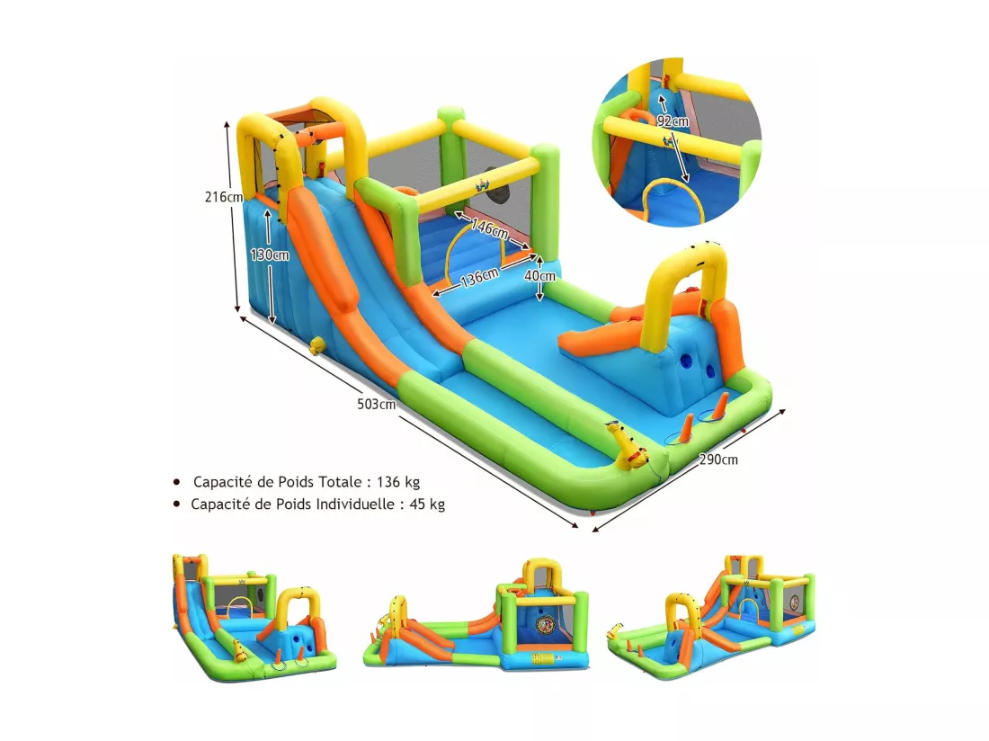 Château Gonflable 8 en 1 avec 2 Toboggans, Parc Aquatique avec Maison de Saut, Mur d'Escalade, Panier de Basket, Sac de Transport, Charge 135kg pour 3 Enfants de 3-10 Ans (Avec souffleur 680W)