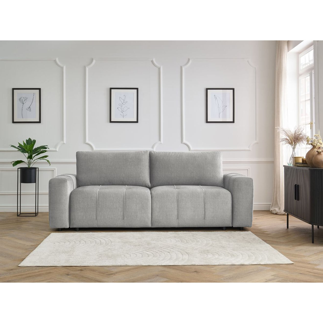 Bobochic Canapé droit convertible en Velours 3 places Arsène avec coffre gris clair - 248x105x90 cm