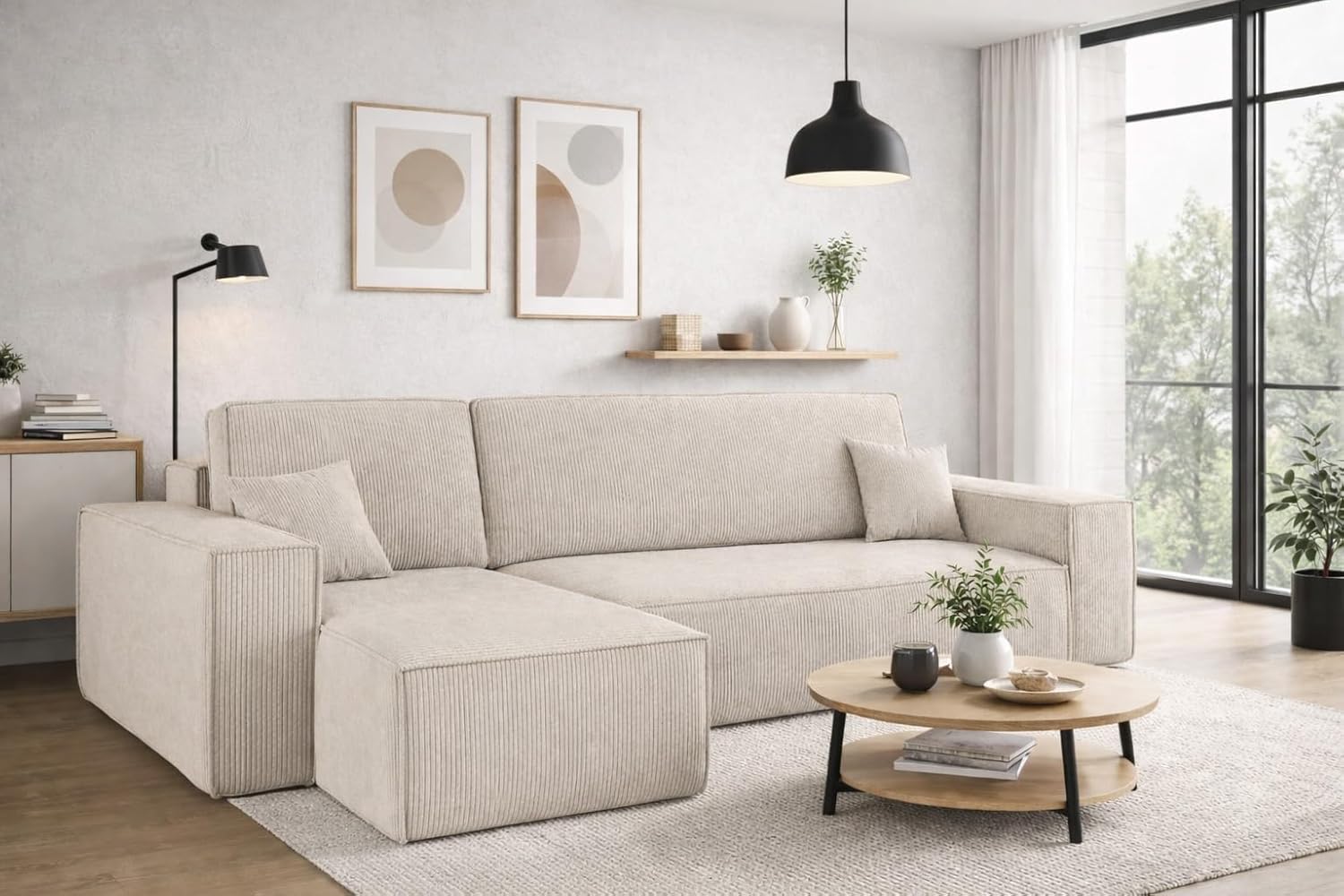 Kaiser Möbel, Ecksofa mit schlaffunktion, mit Bettkasten, Schlafsofa Best, Designer Sofa, Modern Design Couch, Polsterecke, Freistehend, Dicker Cord, Beige Links
