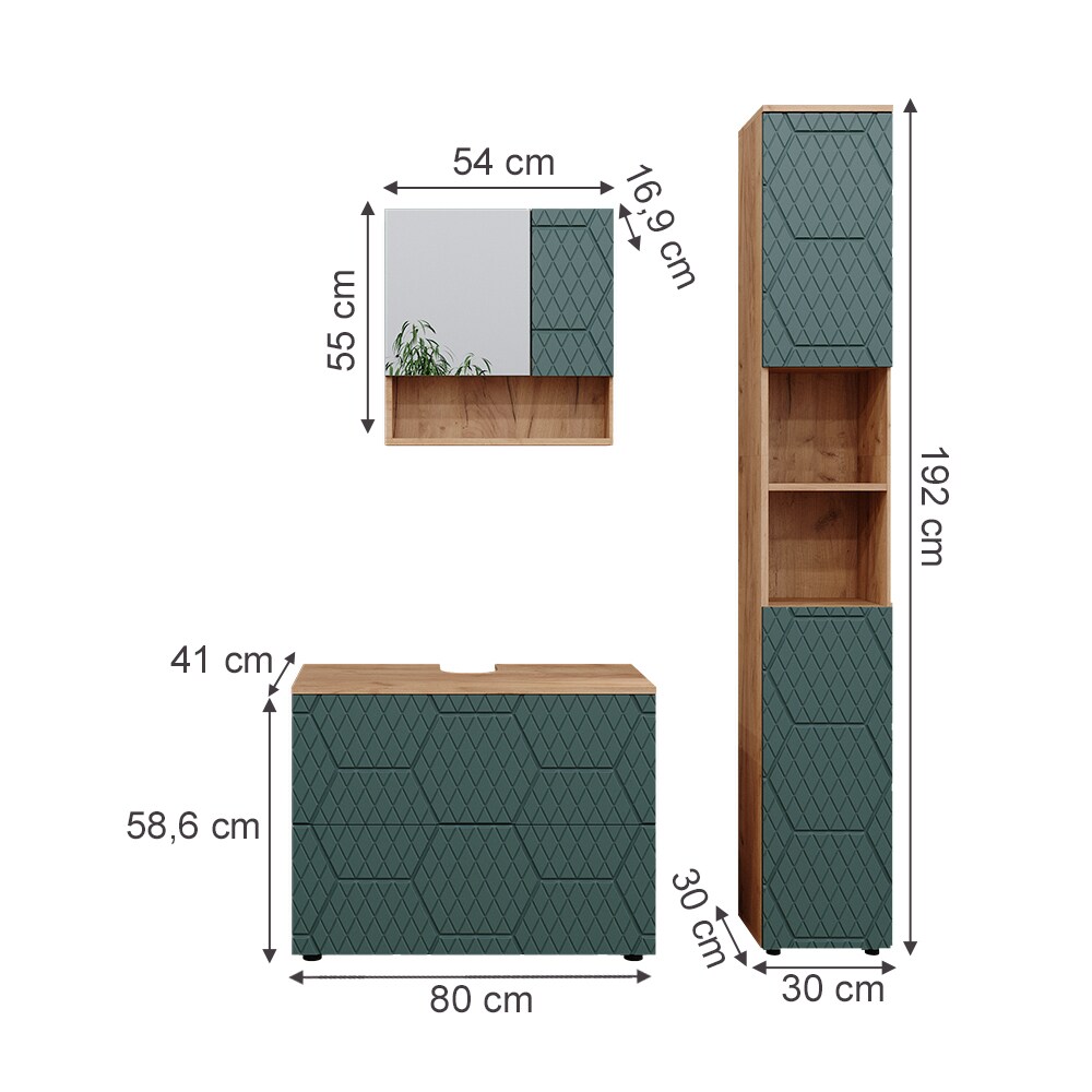 Vicco Badmöbel-Set Irma Eiche Grün 3-teilig Hochschrank Waschbeckenschrank 80 cm