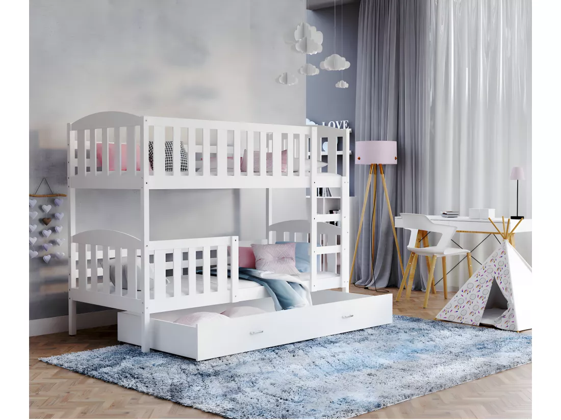 Lit Superposé Cleo 90x190 (Sans Matelas) Blanc - blanc Livré avec le sommiers et tiroir.