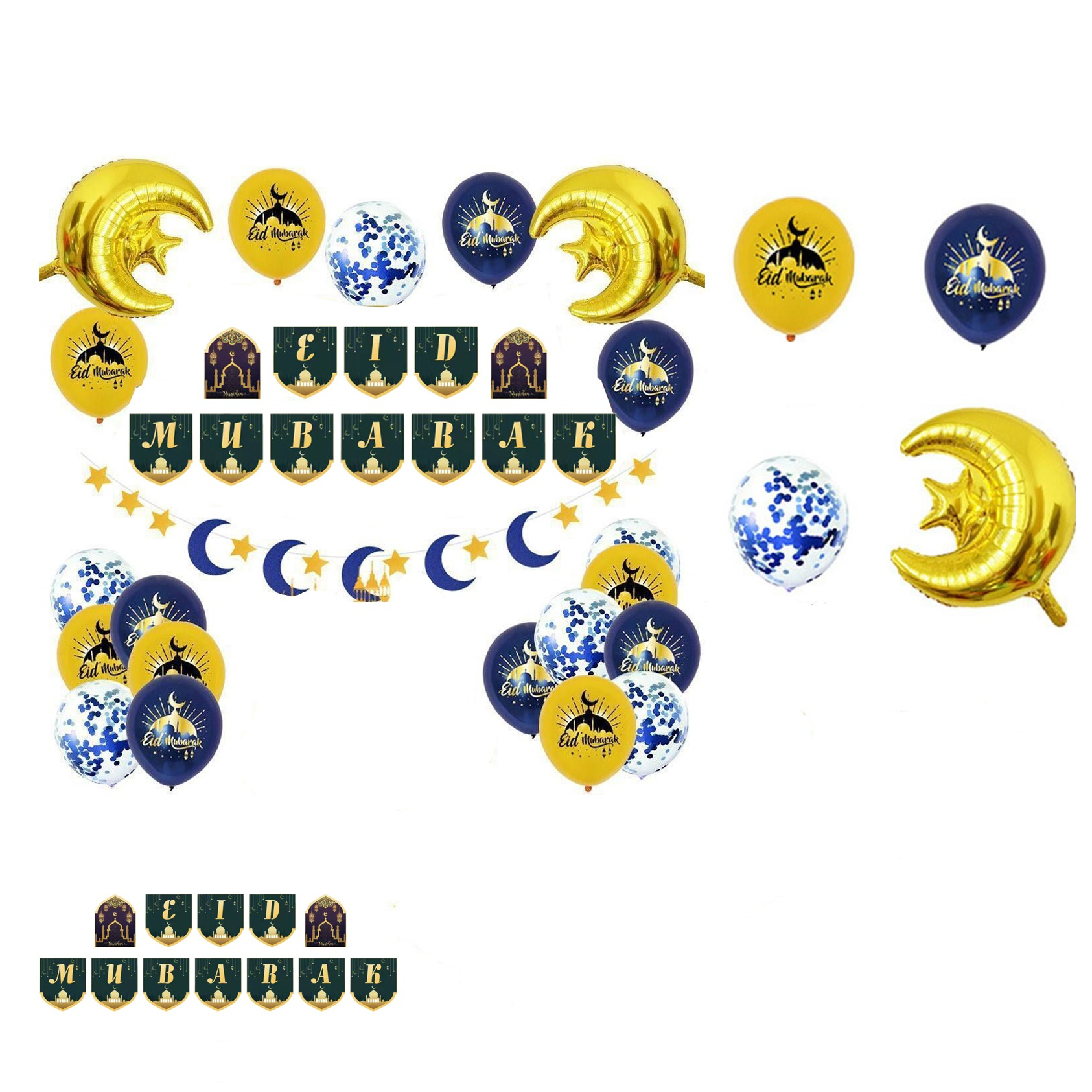 (33-tlg. Set) Ramadan Girlande Eid Mubarak Party Deko   Latex- & Folien Luftballons - Gold / Blau