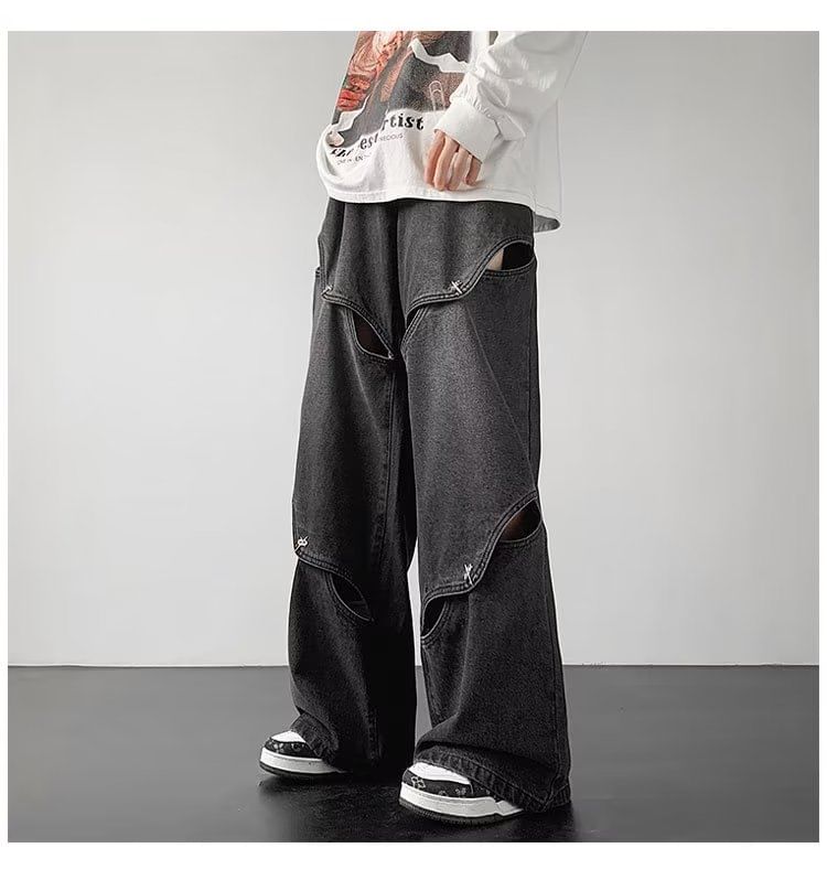farrahces - Mid Rise Washed Cutout Panel Wide Leg Jeans