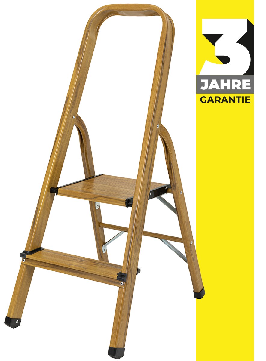 Craftfull Stehleiter CF-133A, Aluminium-Haushaltsleiter, 2-6 Stufen, gummierte Standfüße, bis 150 kg (2 Stufen Holz Edition)