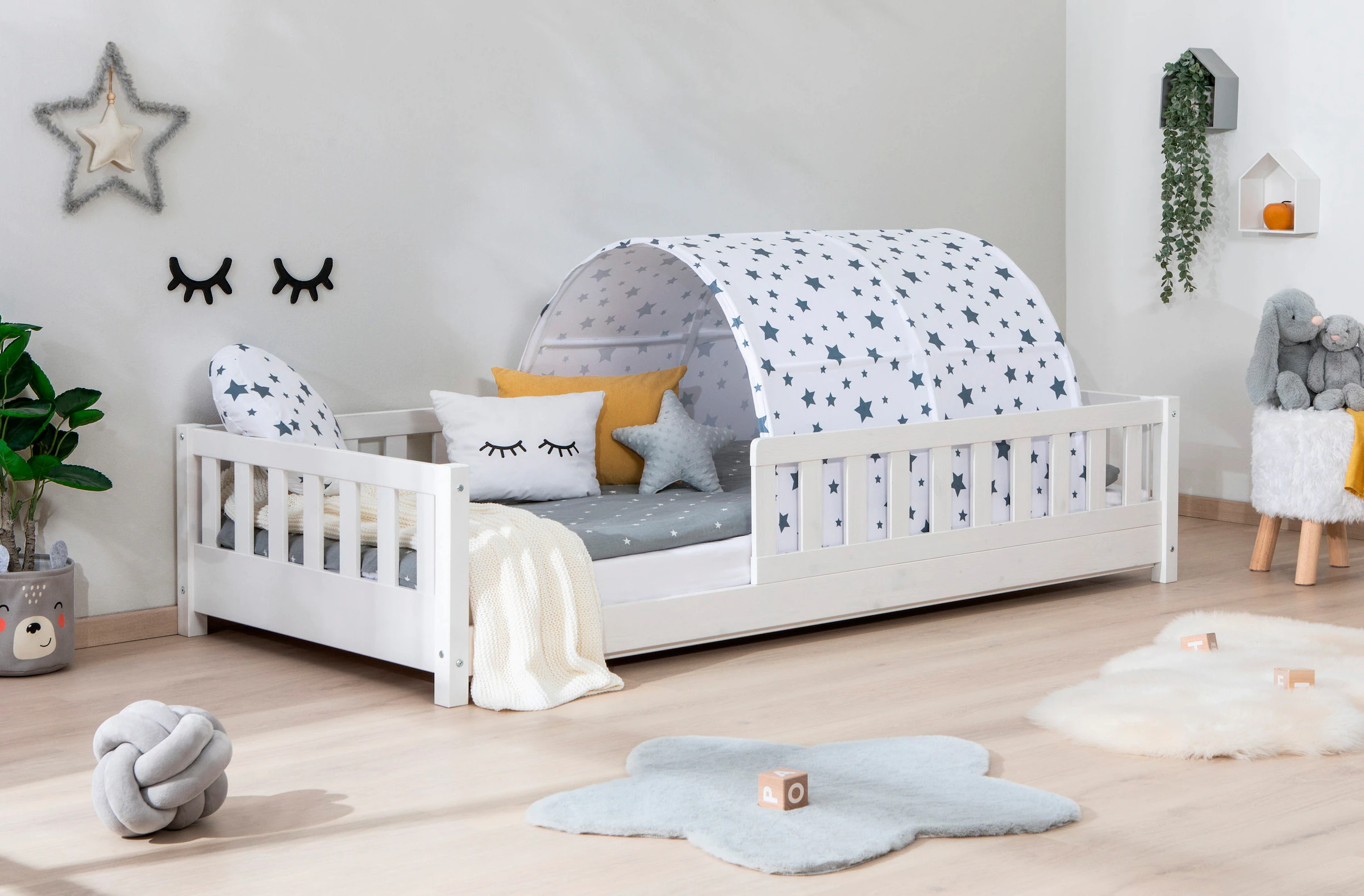Ticaa Spiel- und Betttunnel, Kinderzelt, Kindertunnel für Jungs & Mädchen Spielzelt für Bodenbett, Hochbett, Etagenbett und Einzelbett 90x200cm sternentanz weiß