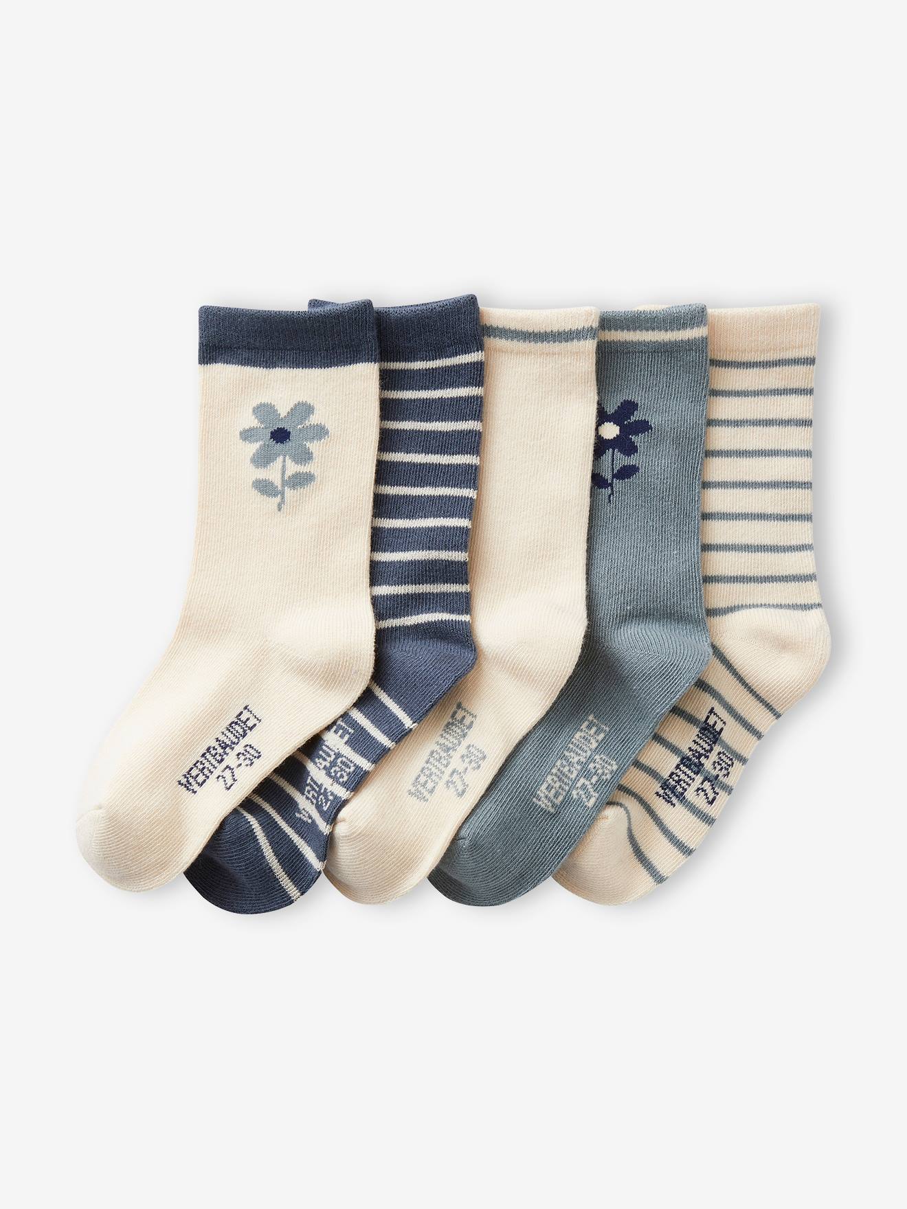 Pacote com 5 pares de meias florais/listradas para meninas na cor azul marinho