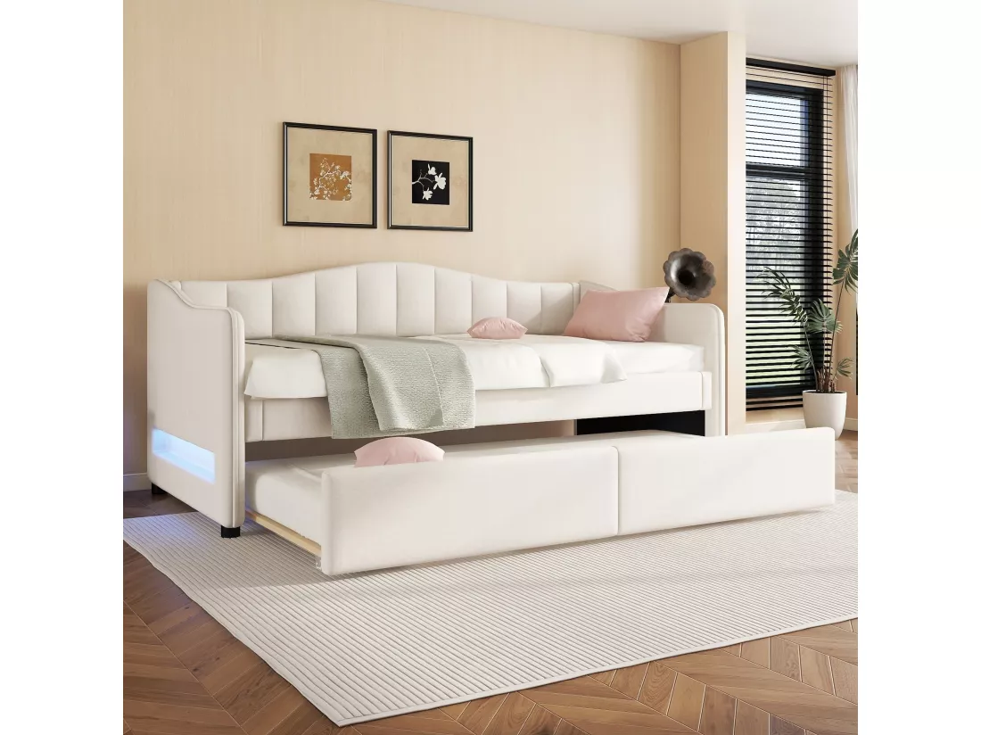 Lit gigogne 90/180 x 200 cm avec 2 tiroirs - tissu en lin - LEDs - beige (sans matelas)