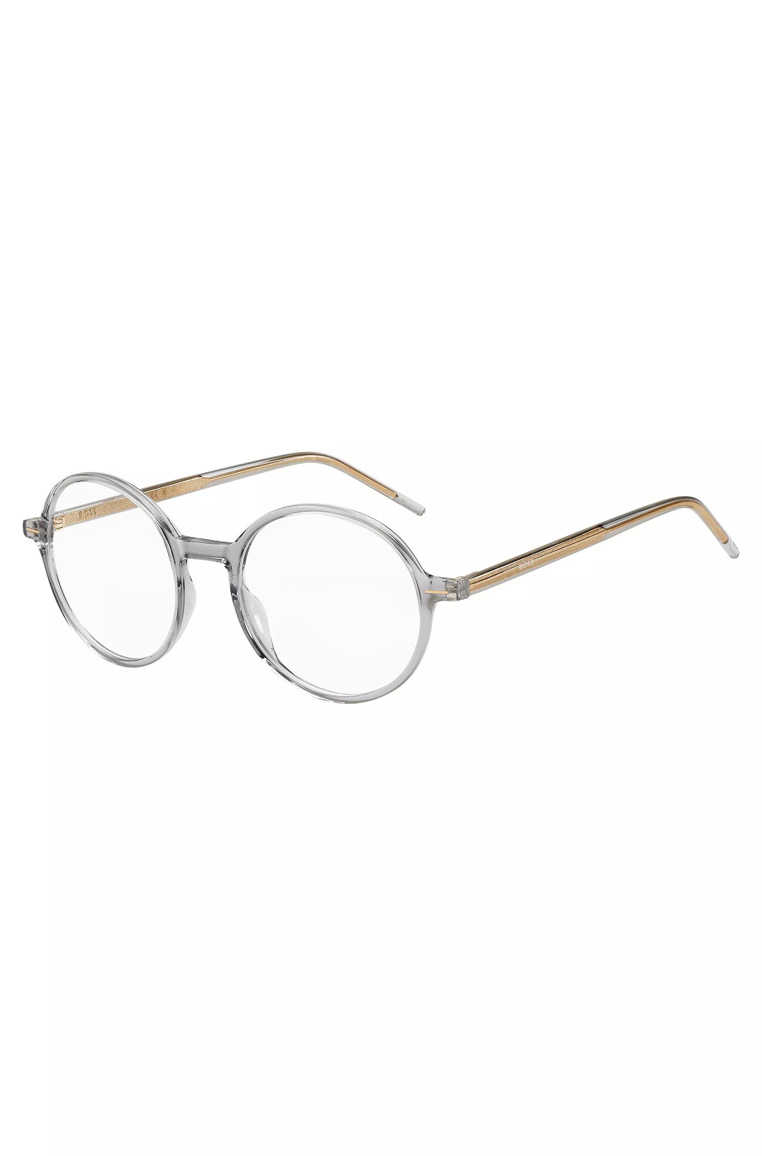 Armação de óculos BOSS em acetato preto e transparente com hastes de metal listradas.