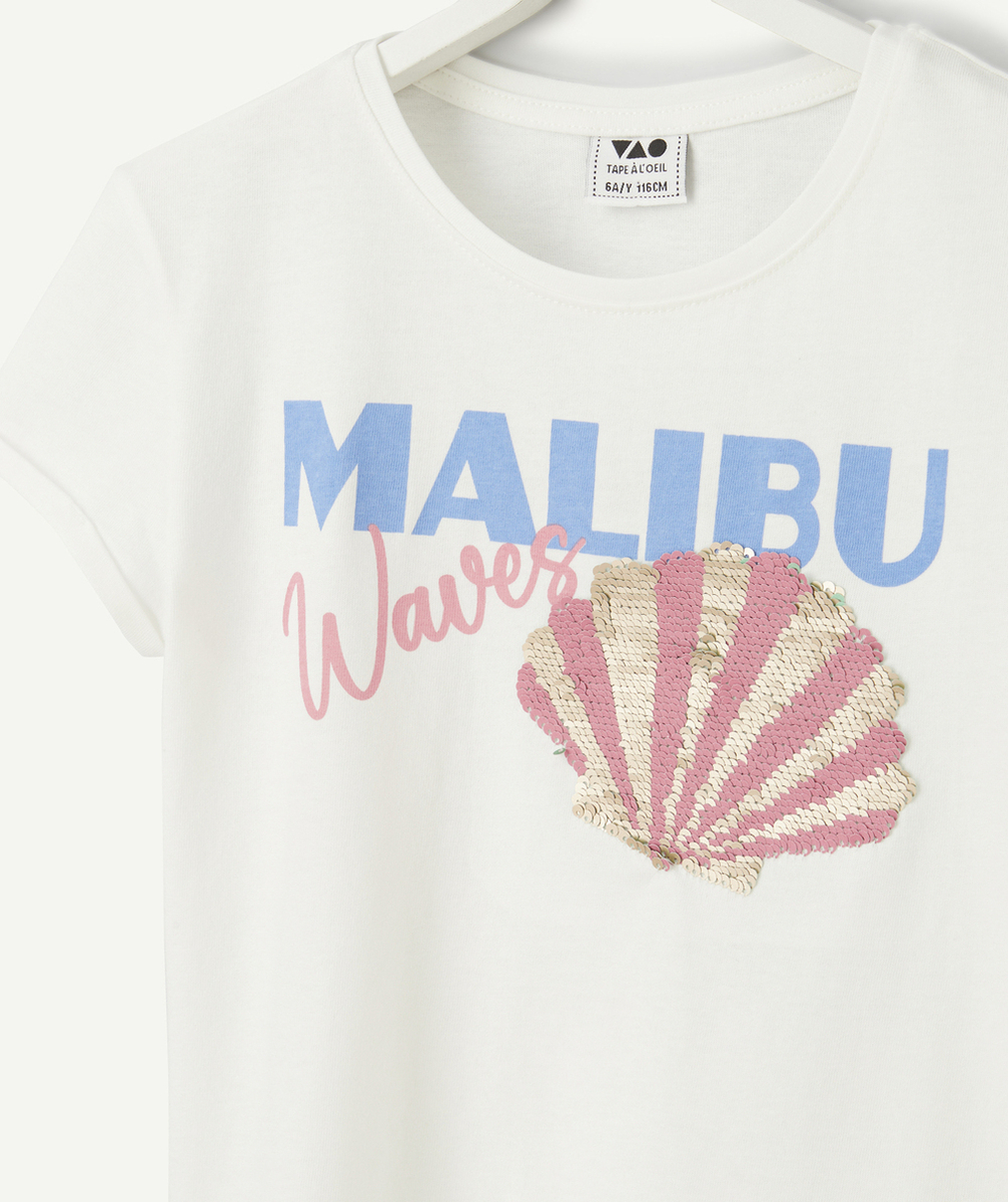 t-shirt manches courtes fille en coton bio blanc motif malibu