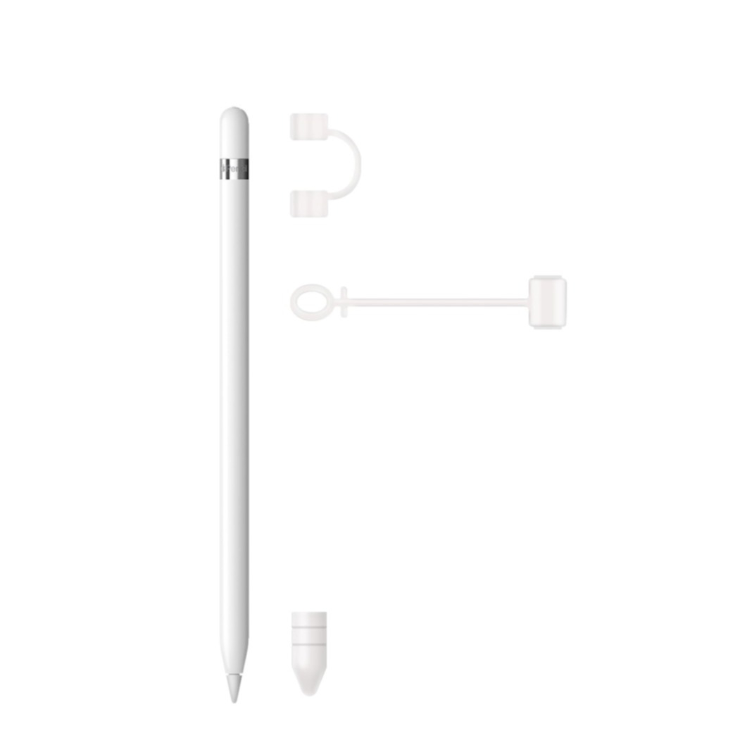(3-tlg. Set) Apple Pencil 1. & 2. Gen. / Pro Ersatz Silikon Kappe / Schreibfeder Schutz / Lade Adapter Halterung - Weiss