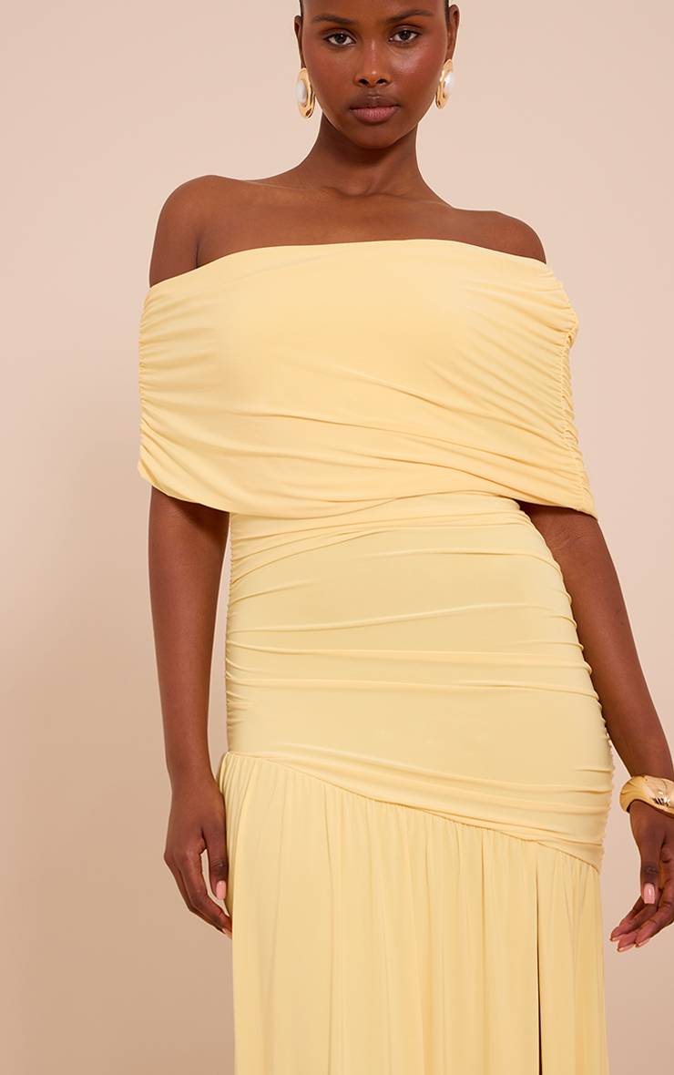 Citron Robe Longue Froncée À Double Couche Slinky Bardot Asymétrique