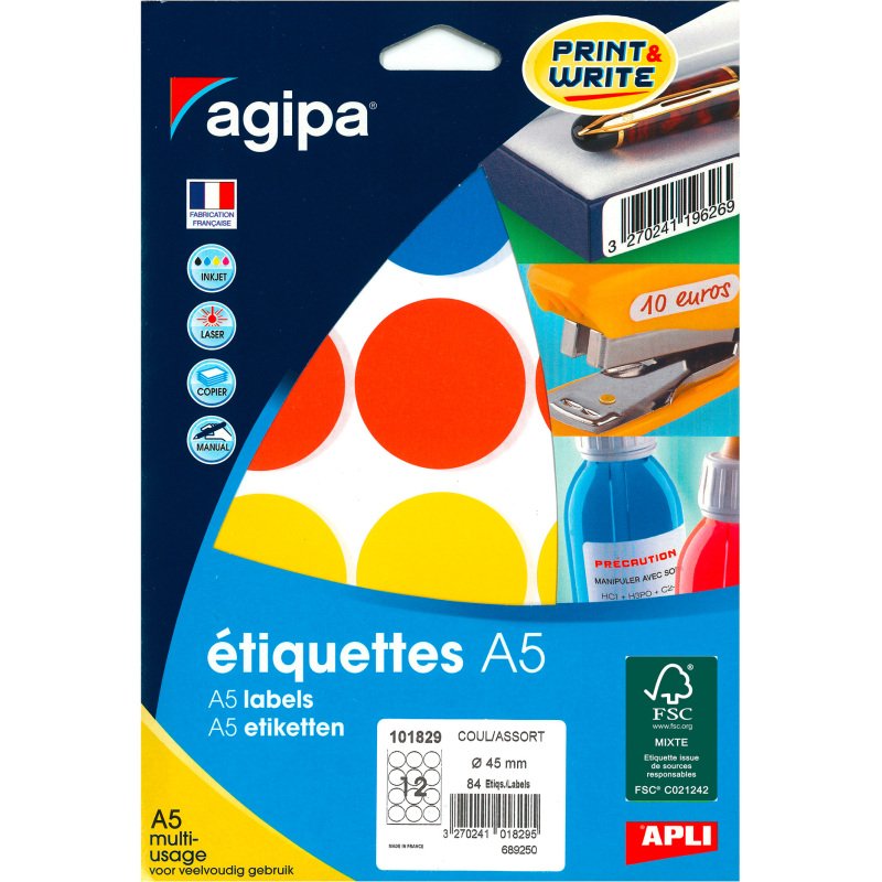 Pastille adhésive Ø 45 mm Agipa 101829 couleurs assorties - Boîte de 84