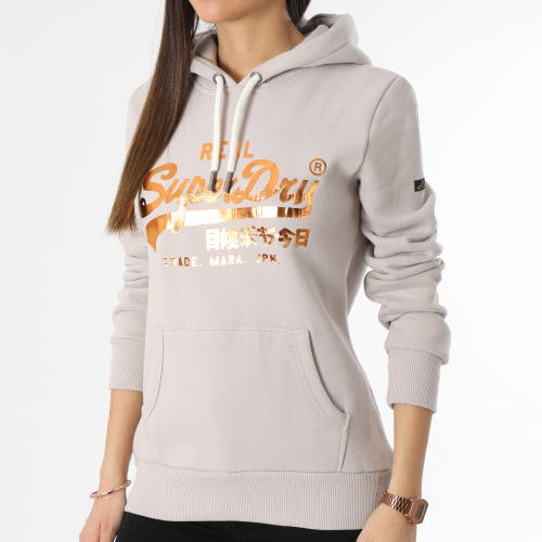 Sweat Capuche Femme Vintage Label Embellish Rose Gris