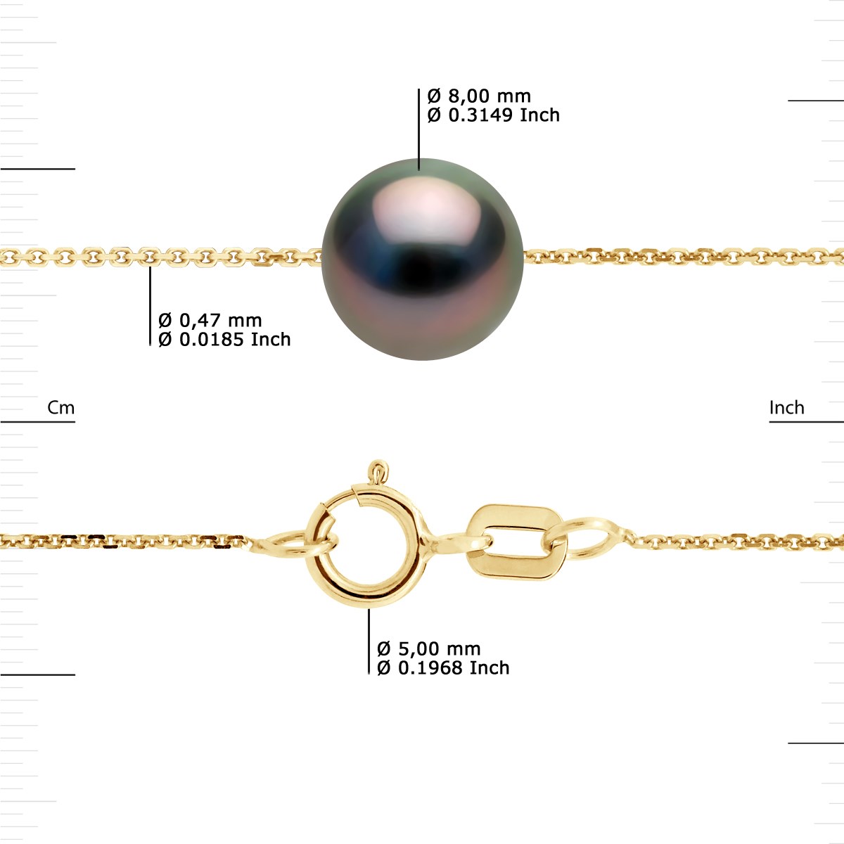 Bracelet Perle de Tahiti Ronde 8-9 mm Chaîne Forçat Or Jaune