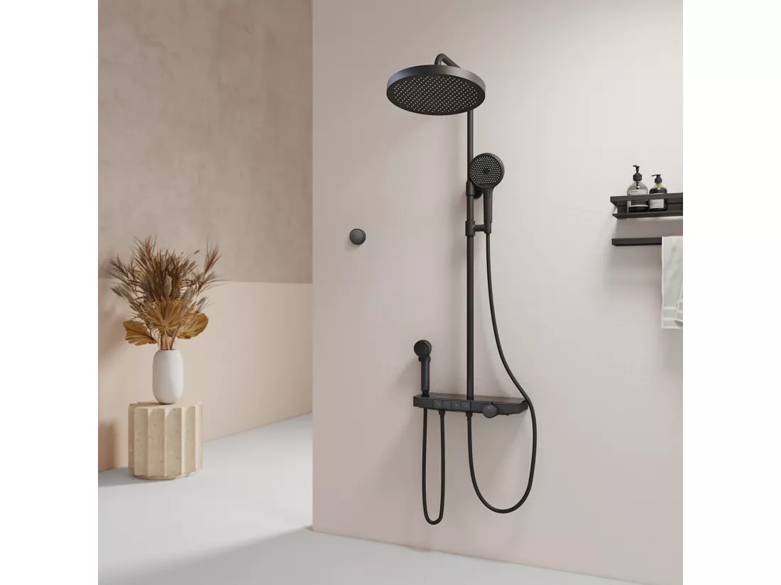 EMKE Colonne de douche avec thermostat 38℃ Douche pluie 40 cm étagère en verre avec 3+1 douchette parent-enfant+porte-douche - schwarz